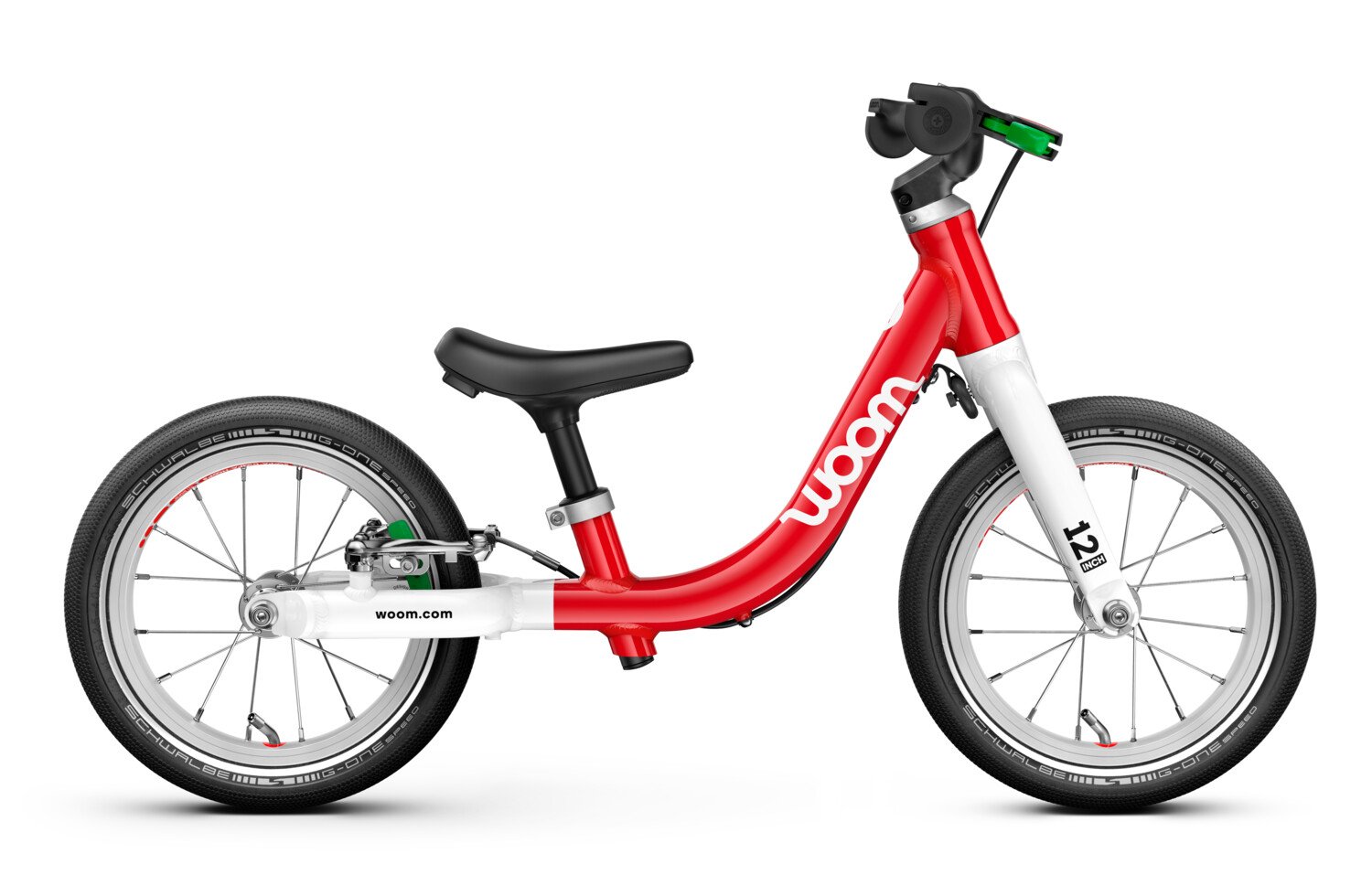 Profile view of the woom GO 1 balance bike for children aged 18 months and up