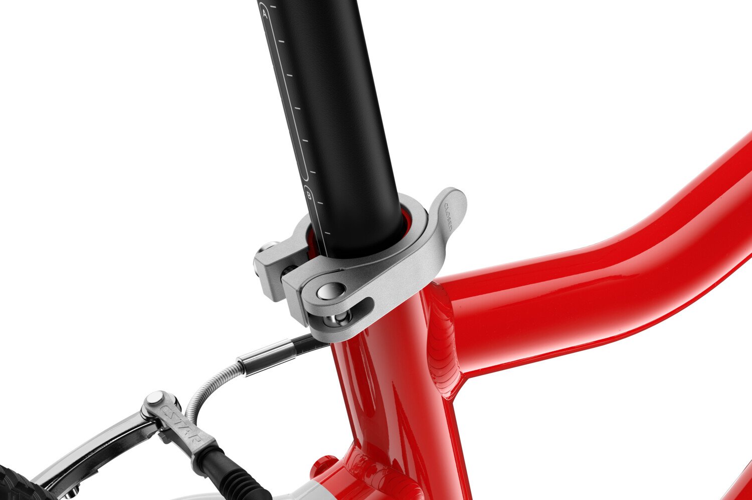 Silver seatpost clamp with silver quick-release lever on the woom GO 4 children's bike