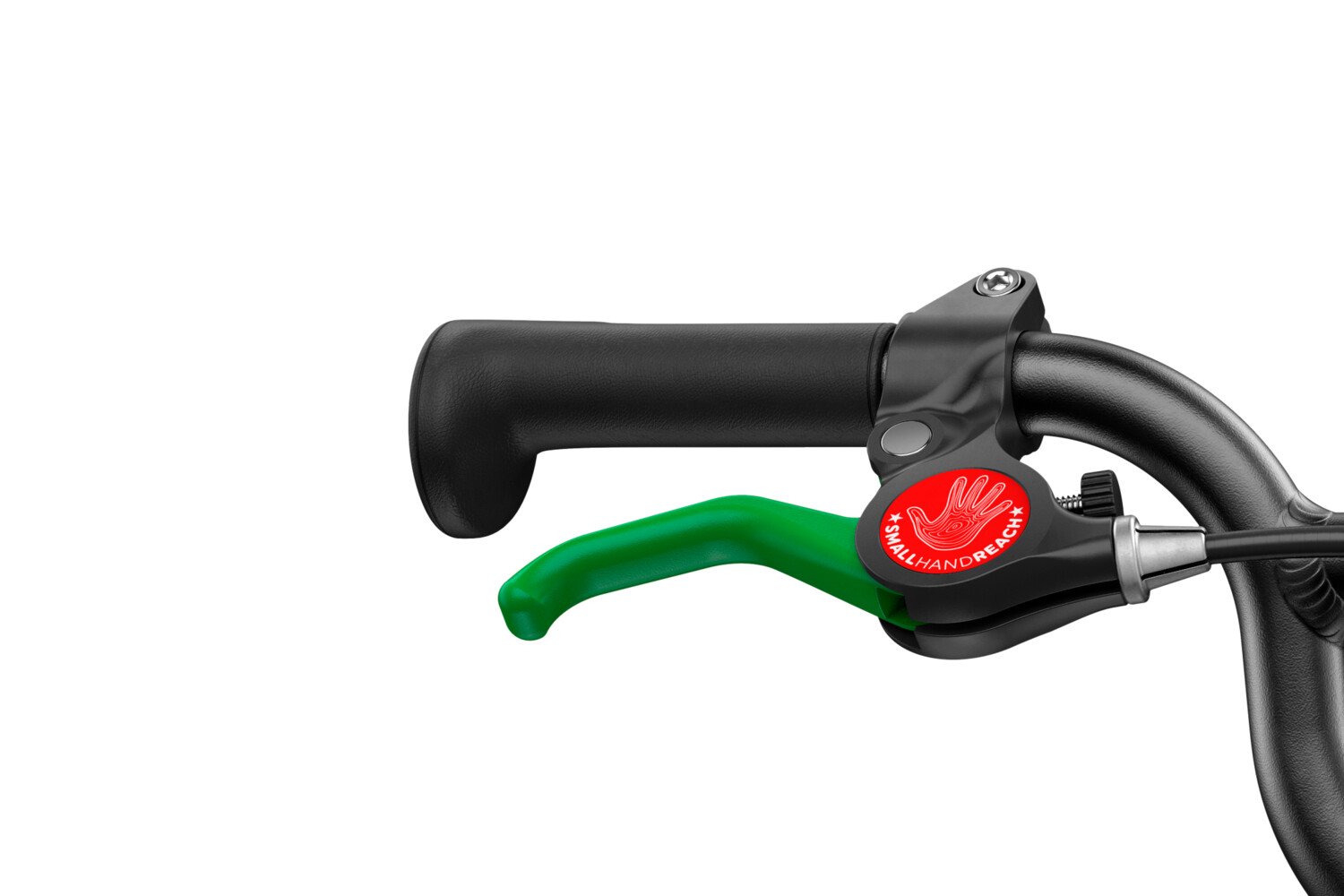 Detailed view of the green brake lever on the woom GO 1 PLUS balance bike with 14″ wheels