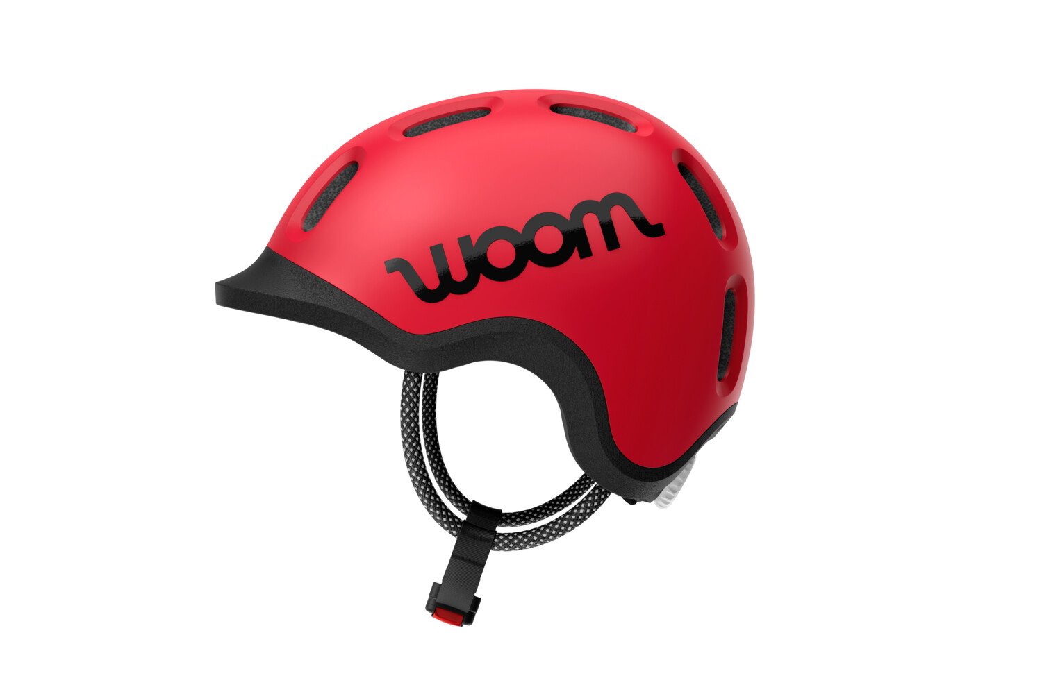 Profile view of a red READY kids' bike helmet with the low helmet shell, black logo and protective visor