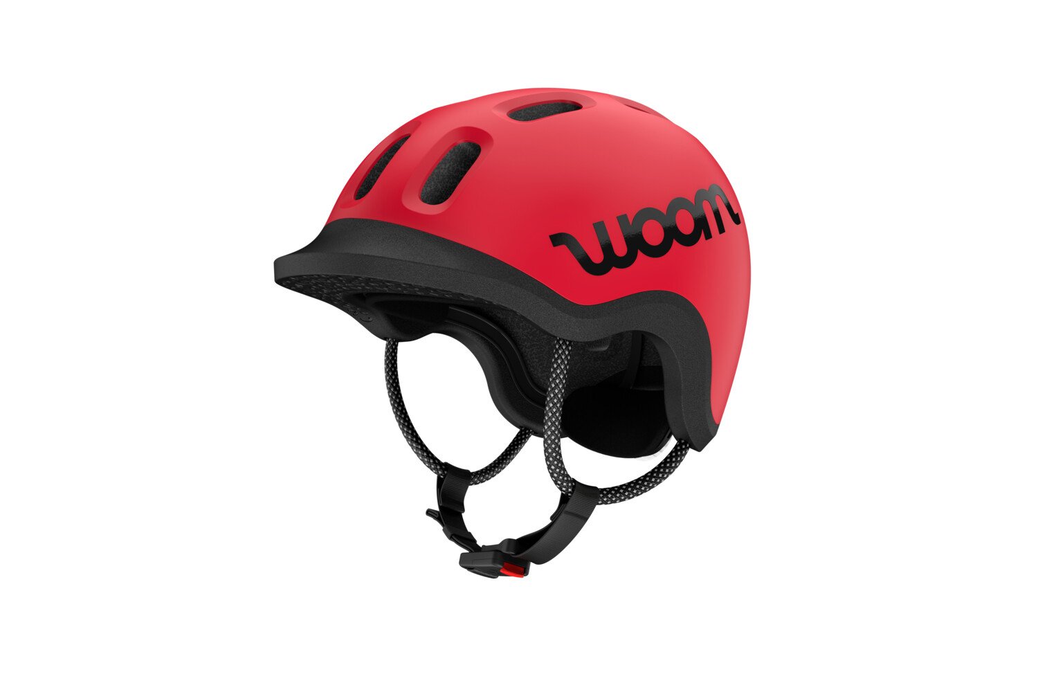 Side front view of the READY Kids' Helmet with a red outer shell, black visor and black inner shell