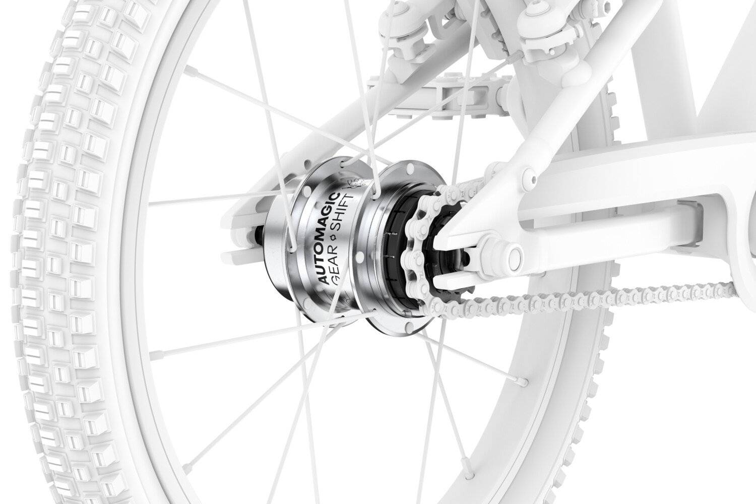 Detailed view of the hub gearing on a woom GO 3 AUTOMAGIC children's bike in white