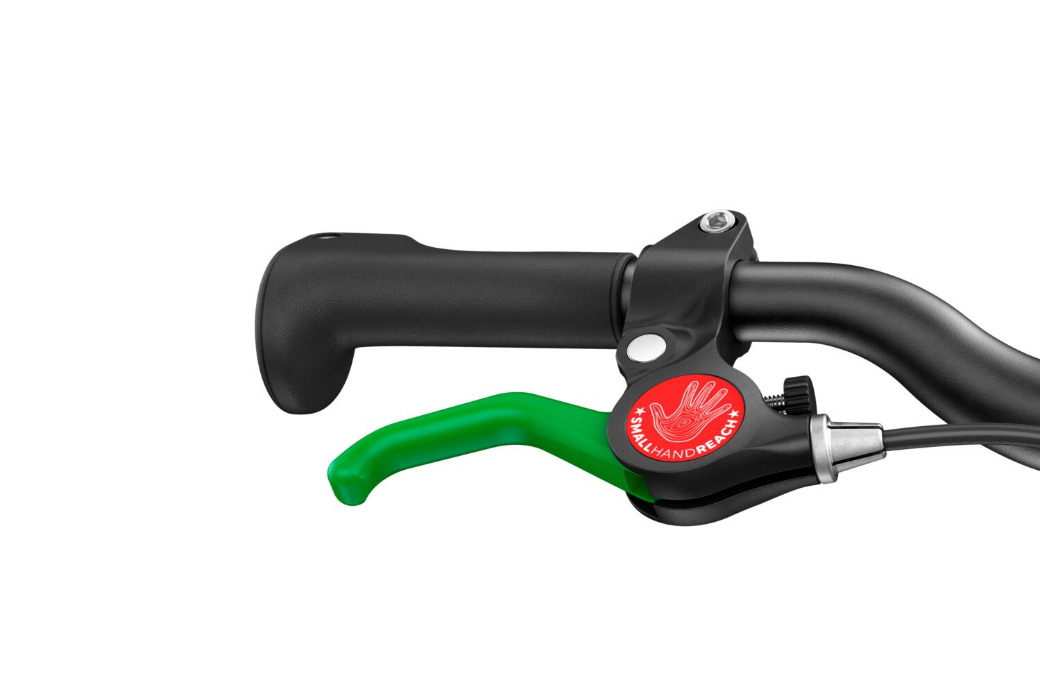 Detailed view of the green brake lever on the woom GO 1 balance bike with 12″ wheels