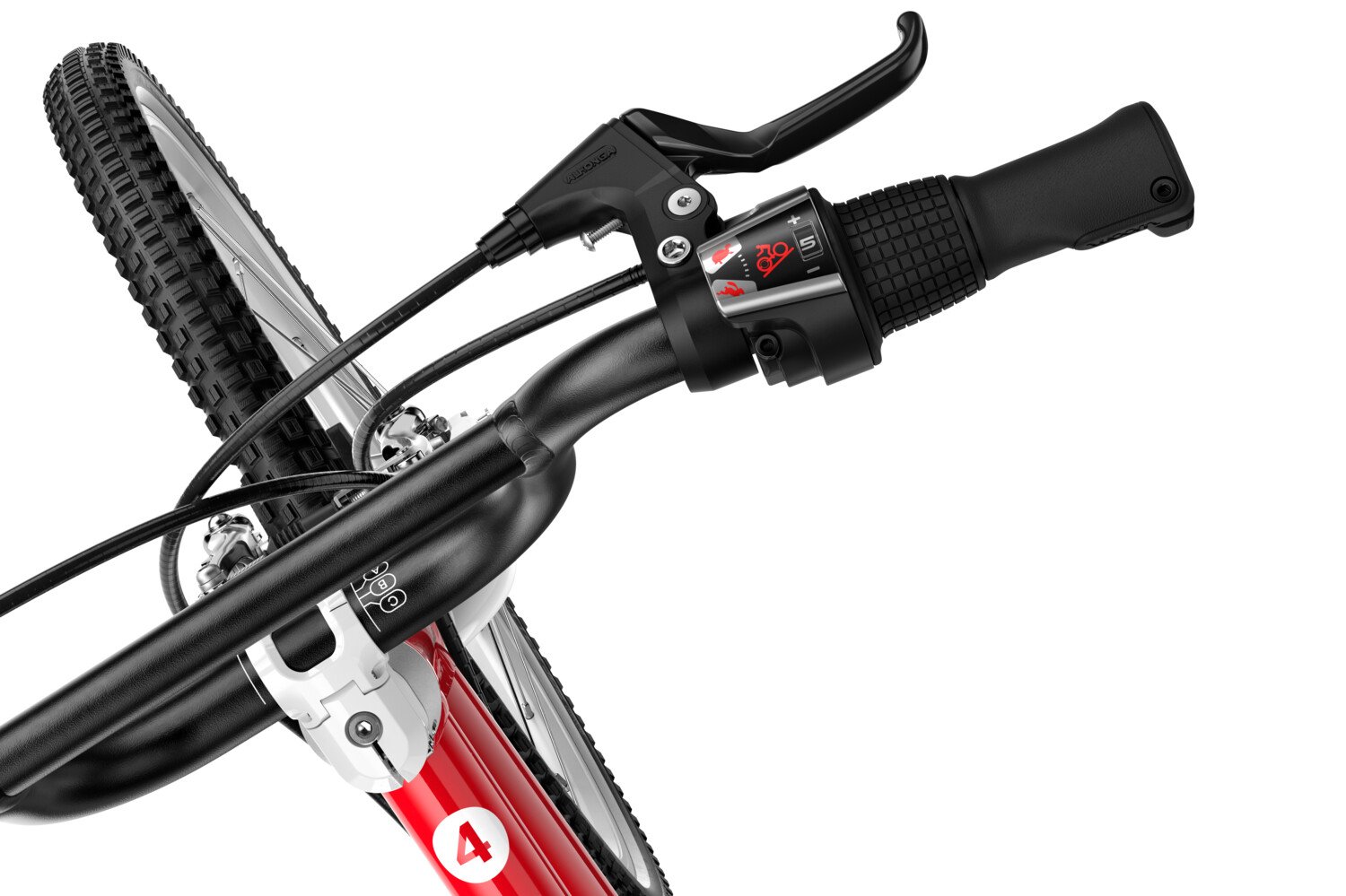 Detailed view of the twist shifter on the woom GO 4 children's bike