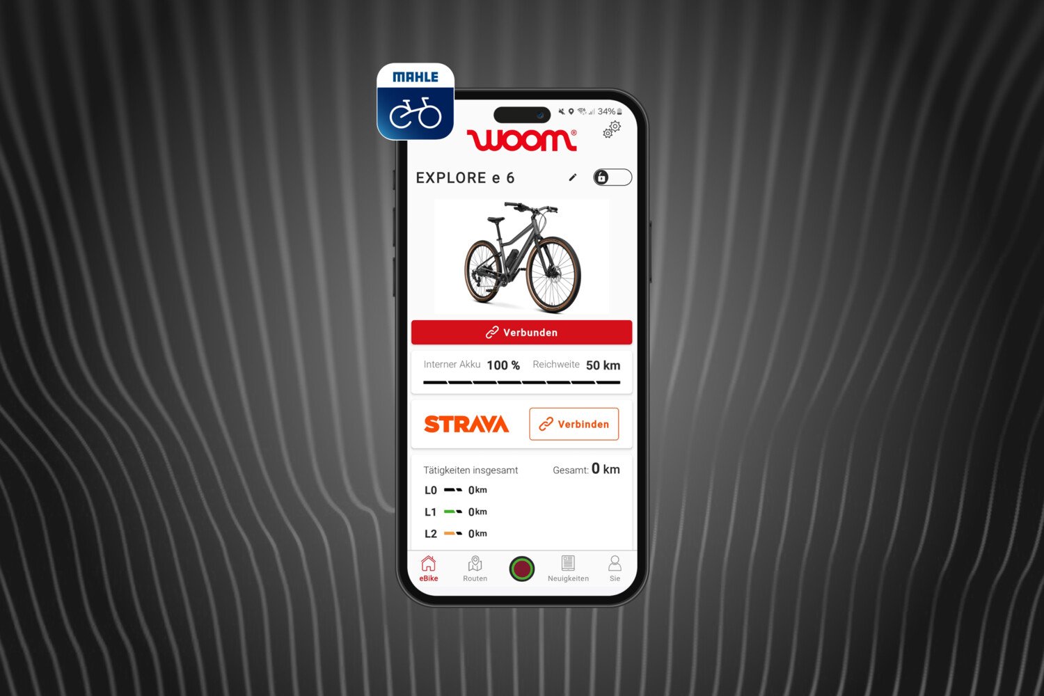 Handy mit geöffneter MAHLE SmartBike App für das woom EXPLORE e Kinder-E-Bike.