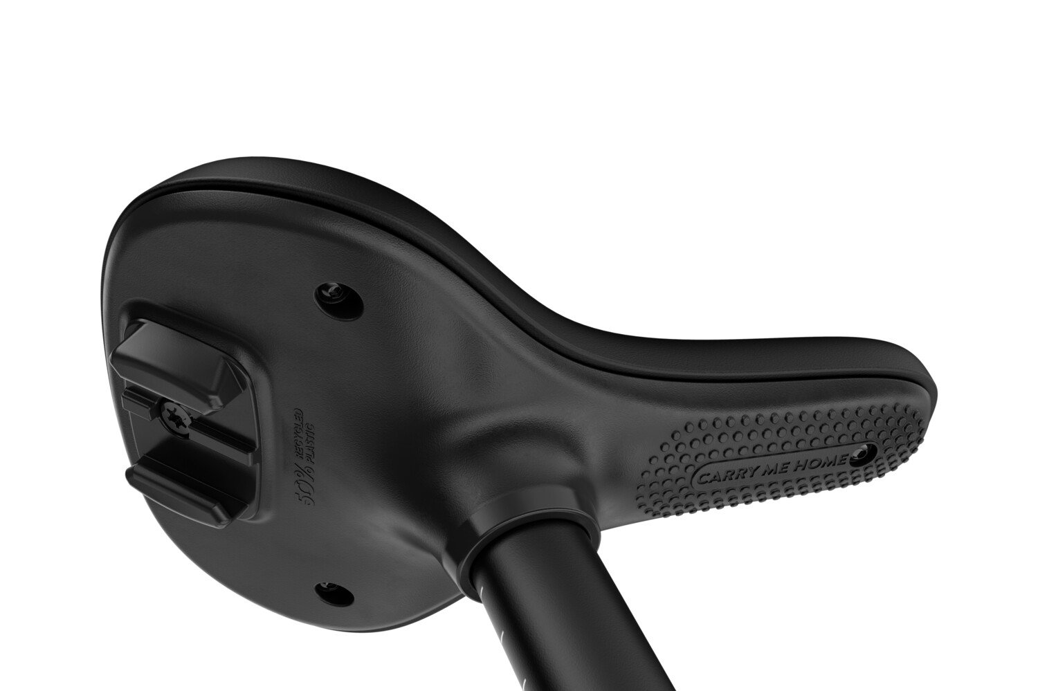 Detailed view of the textured underside of the saddle that makes it nice and easy to carry the woom GO 1 PLUS balance bike