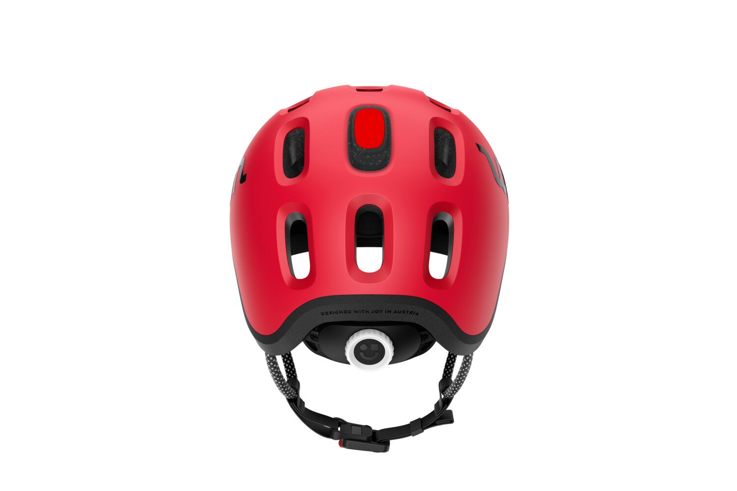 Rear view of the READY Kids' Helmet with the red LED rear light in the top ventilation hole on the back of the helmet on the back of the helmet