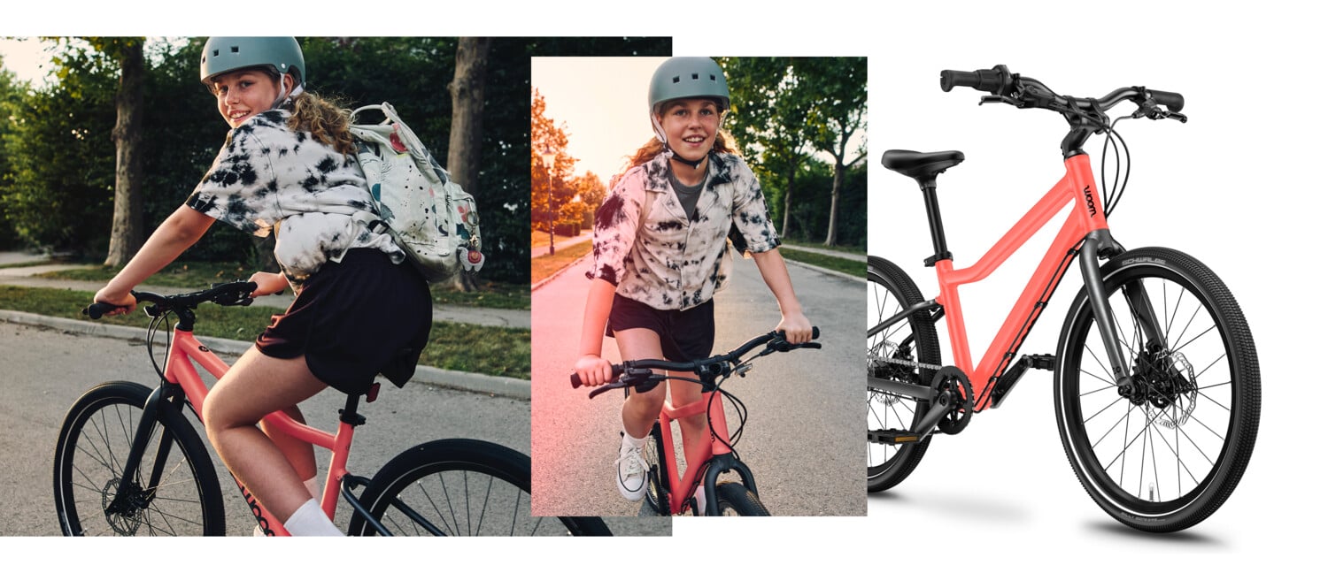 Collage of the coral-colored woom EXPLORE 6 with black components being ridden by a young girl with a backpack.