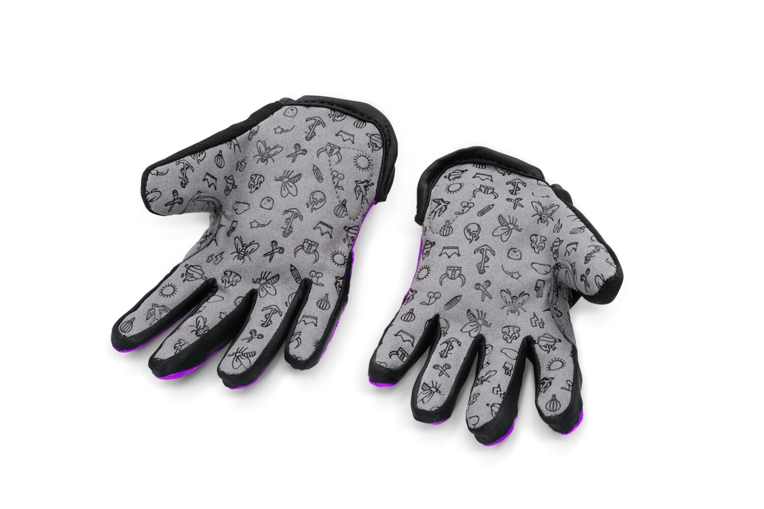 Graue Handinnenflächen der schwarzen woom Fahrradhandschuhe für den Winter mit kleinen, schwarzen Zeichnungen und Symbolen
