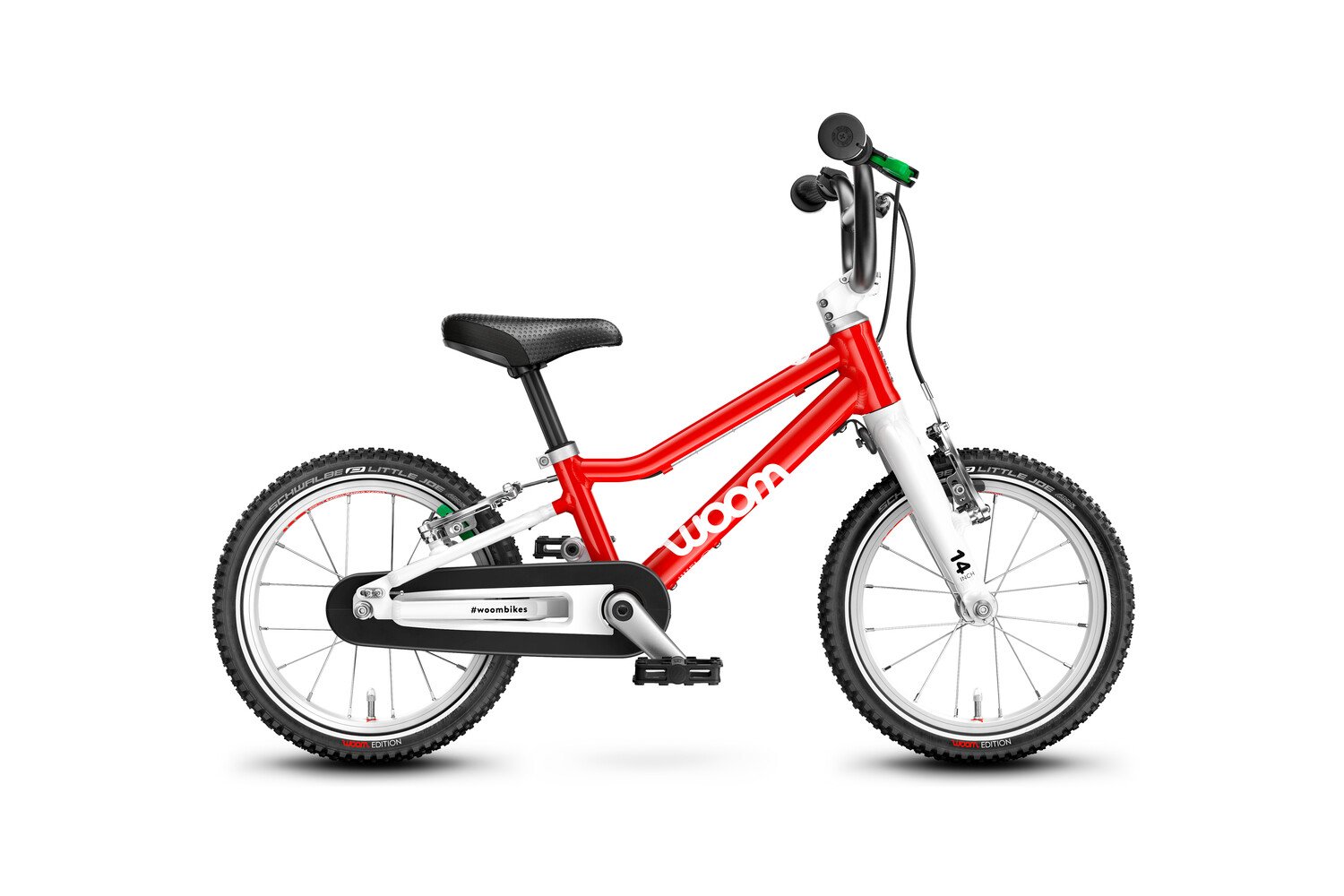 Vue latérale d’un vélo enfant rouge de 14" de la marque woom.