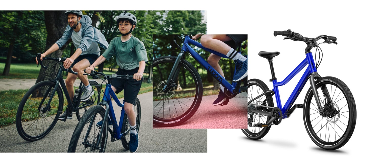 Collage of the blue woom EXPLORE 4 with black components, shown alone and being ridden by a boy alongside his father.