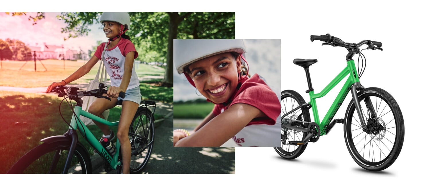 Collage of the green woom EXPLORE children's bike with black components being ridden by a smiling girl.