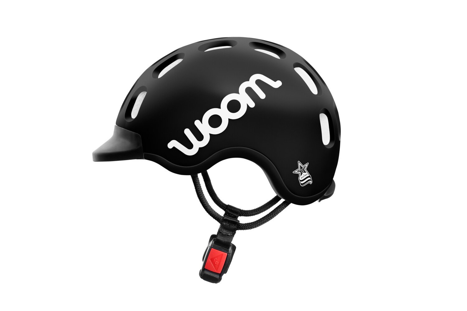 Seitenansicht eines schwarzen KIDS Helms mit weißem woom Logo.