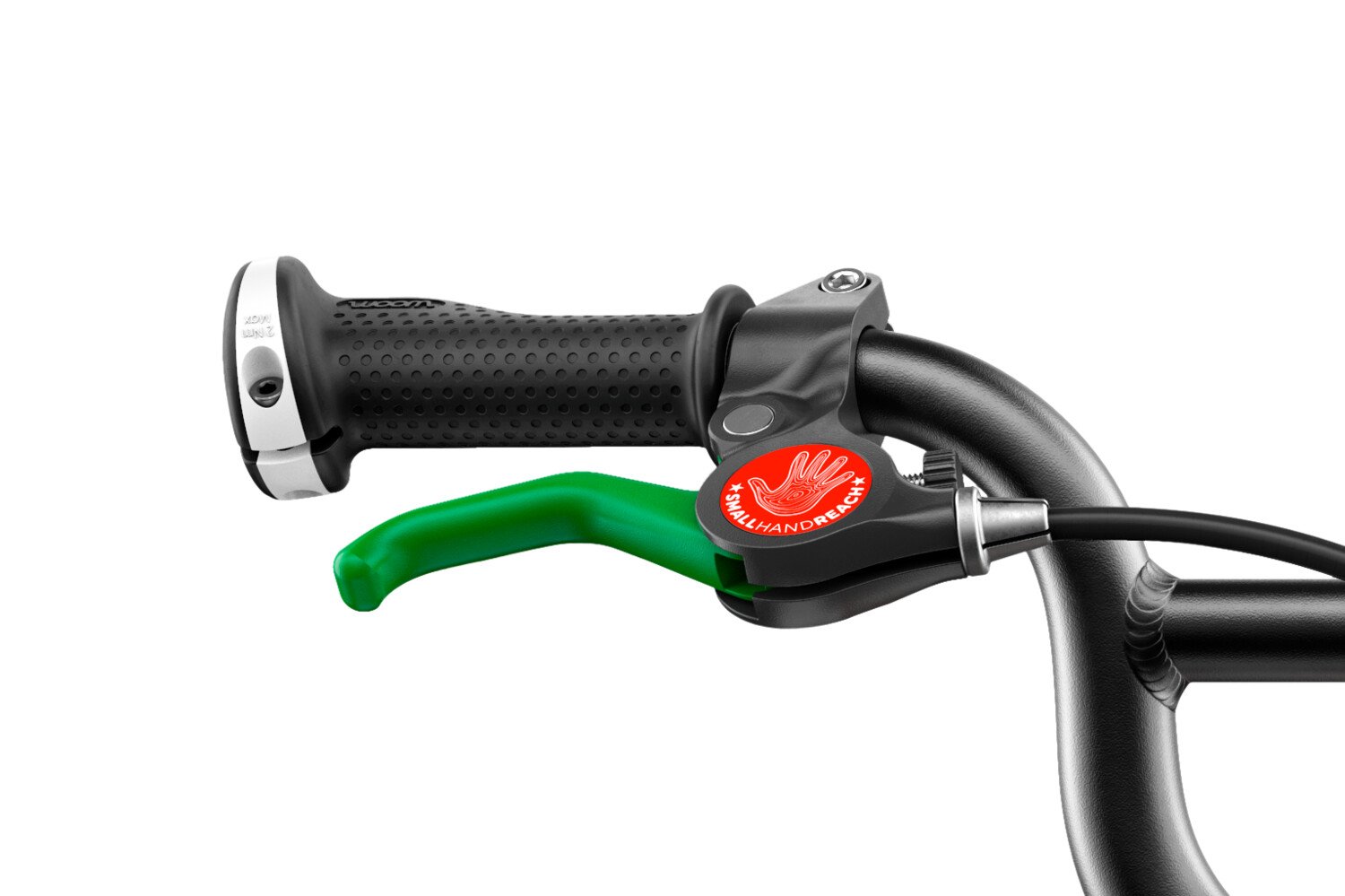Detaljeret billede af en håndbremse og et grønt bremsegreb på en woom børnecykel