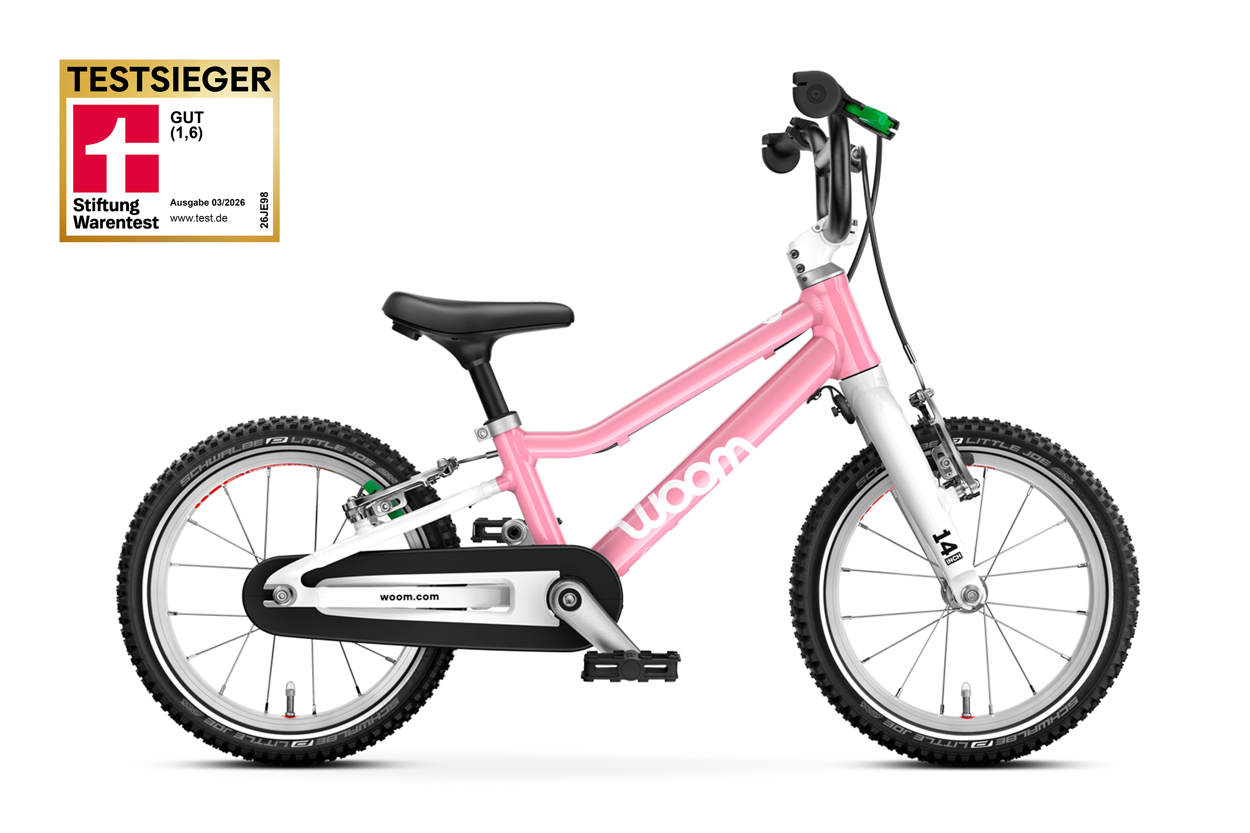 Seitenansicht eines woom GO 2 14-Zoll-Fahrrad in der Farbe Rosa.