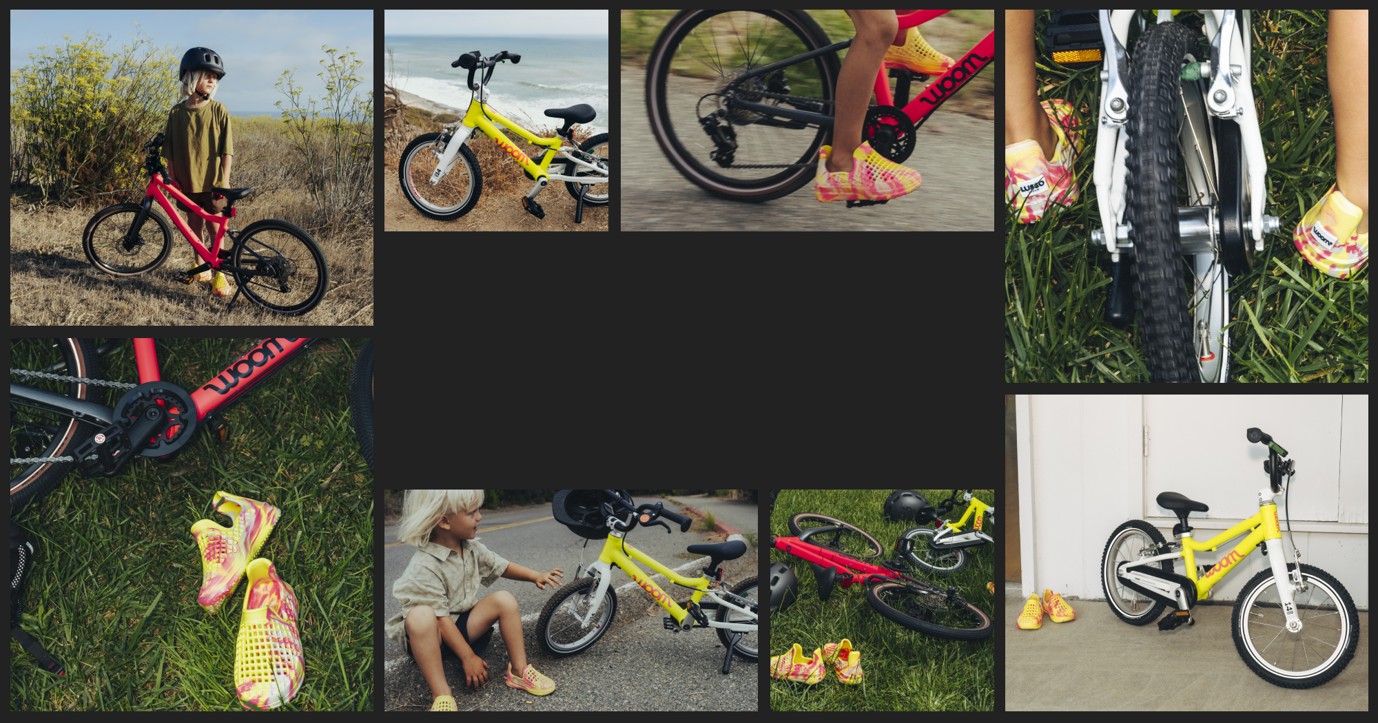 A collage of multiple photos of the collaboration between woom and Lusso Cloud shoes, featuring the new neon lime GO and neon pink EXPLORE bikes as well as neon swirl Lusso Cloud shoes.