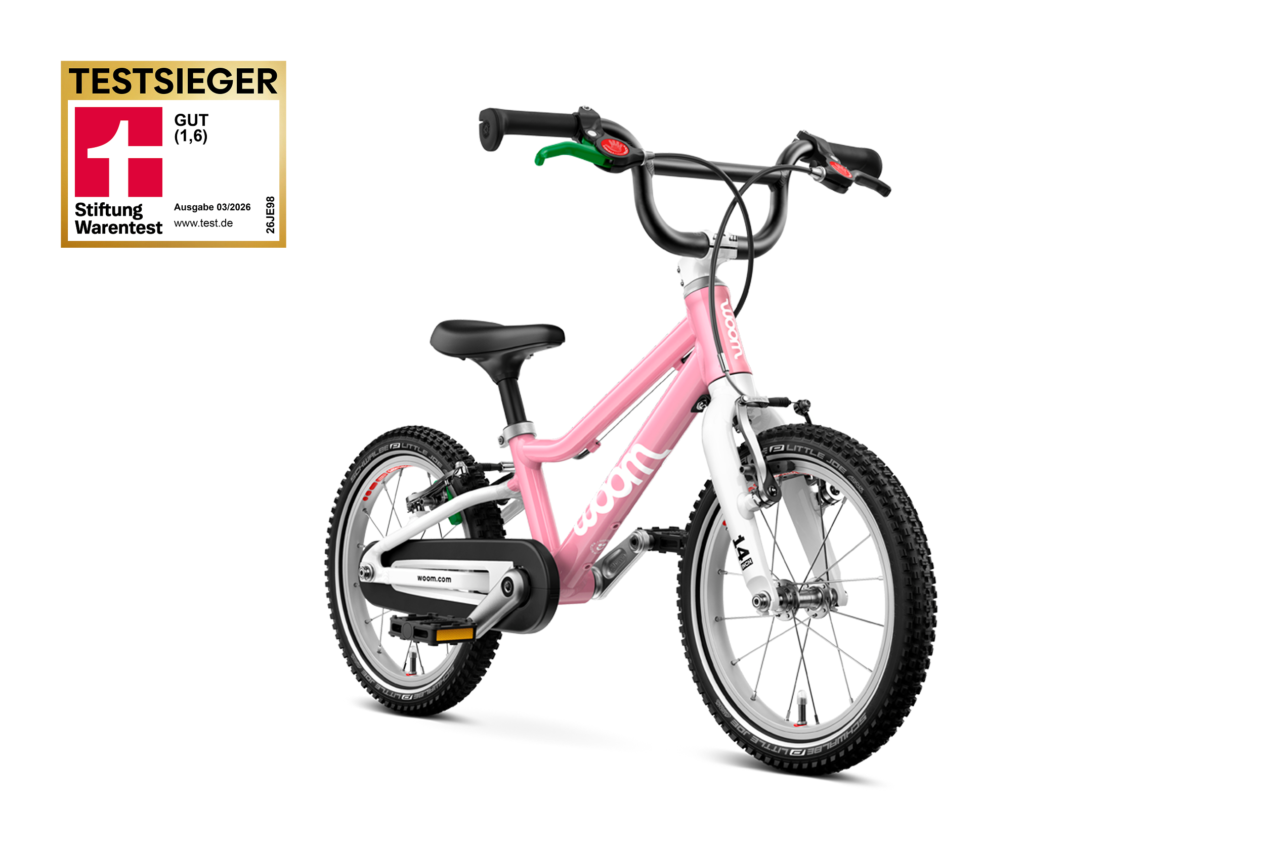 Seitliche Frontansicht eines woom GO 2 14-Zoll-Fahrrad in der Farbe Rosa.