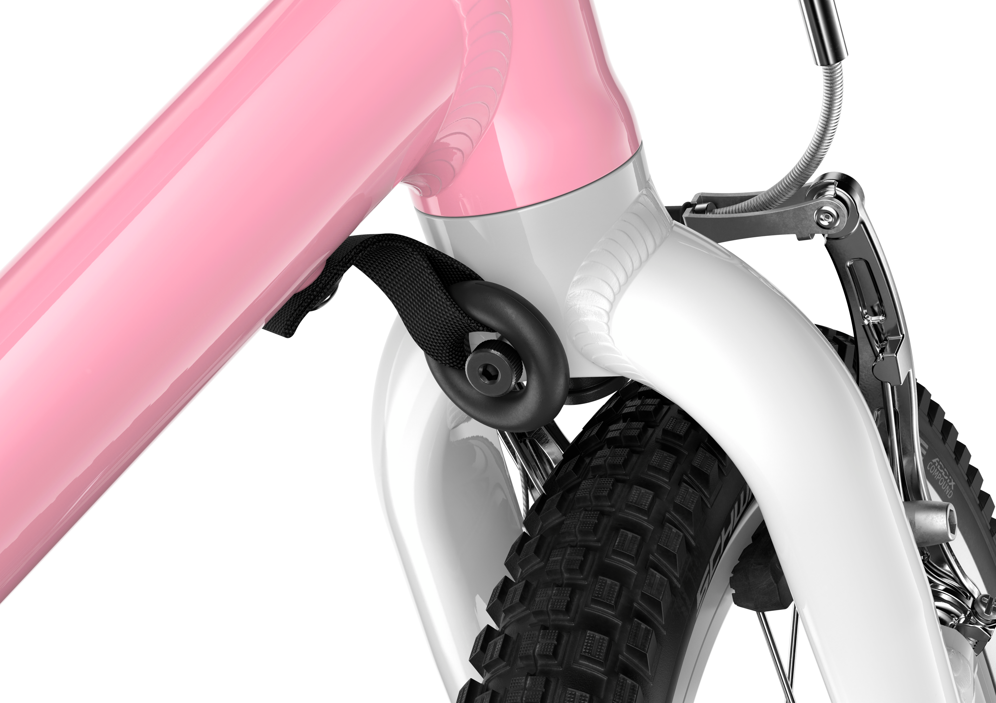 Detailansicht des Lenkeinschlagsbegrenzers an einem rosafarbenen woom GO 2 Fahrrad.