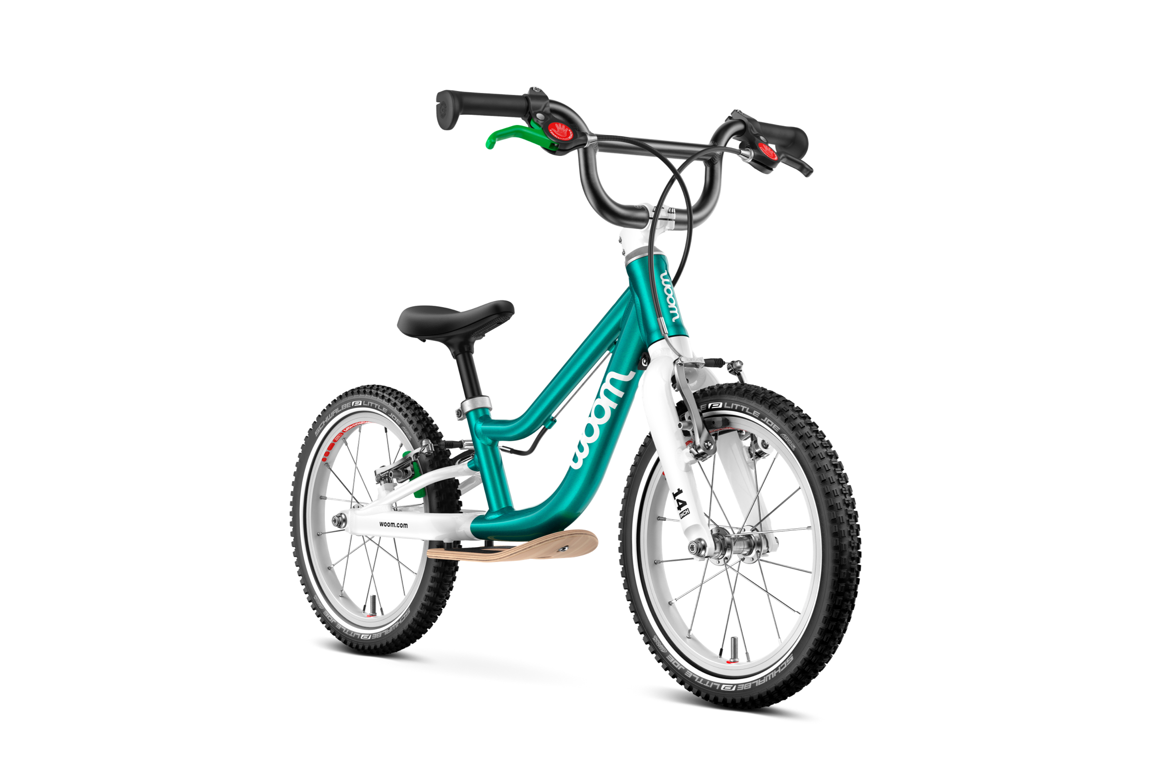 Side front view of the woom GO 1 PLUS balance bike for children aged 3 years and up in woom red.