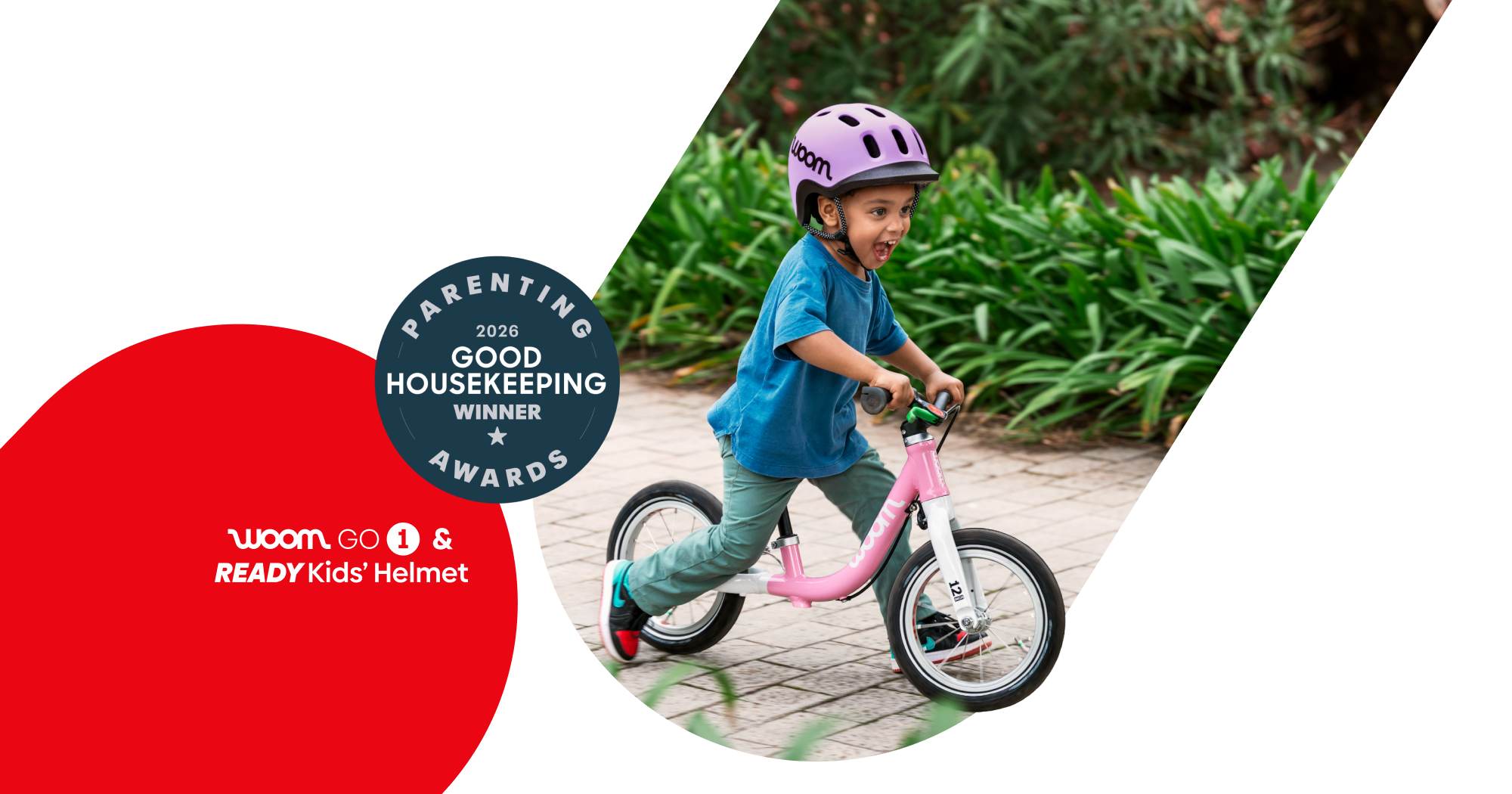 An image showing the Good Housekeeping Parents Award Winner 2026 badge and the award winners: the GO 1 balance bike and the READY Kids’ Helmet.