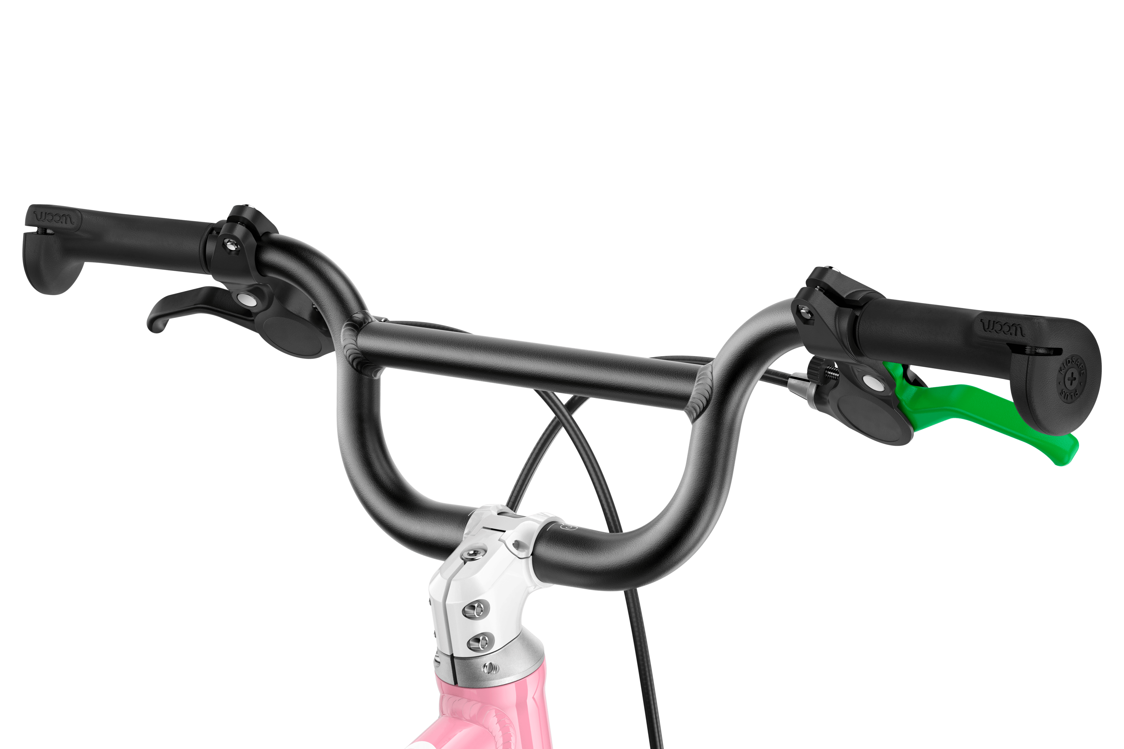 Detailansicht des Lenkers samt Aufprallschutz an den Griffenden und grüner Hinterradbremse am woom GO 2 Fahrrad.