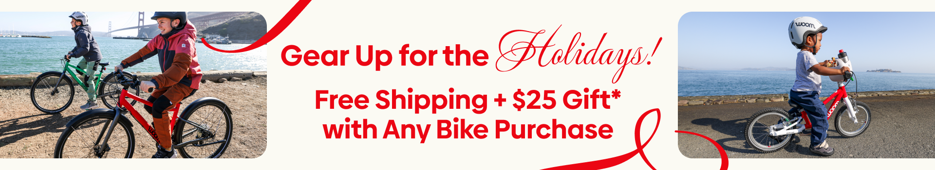 Kids running their bike and Holiday promotion message