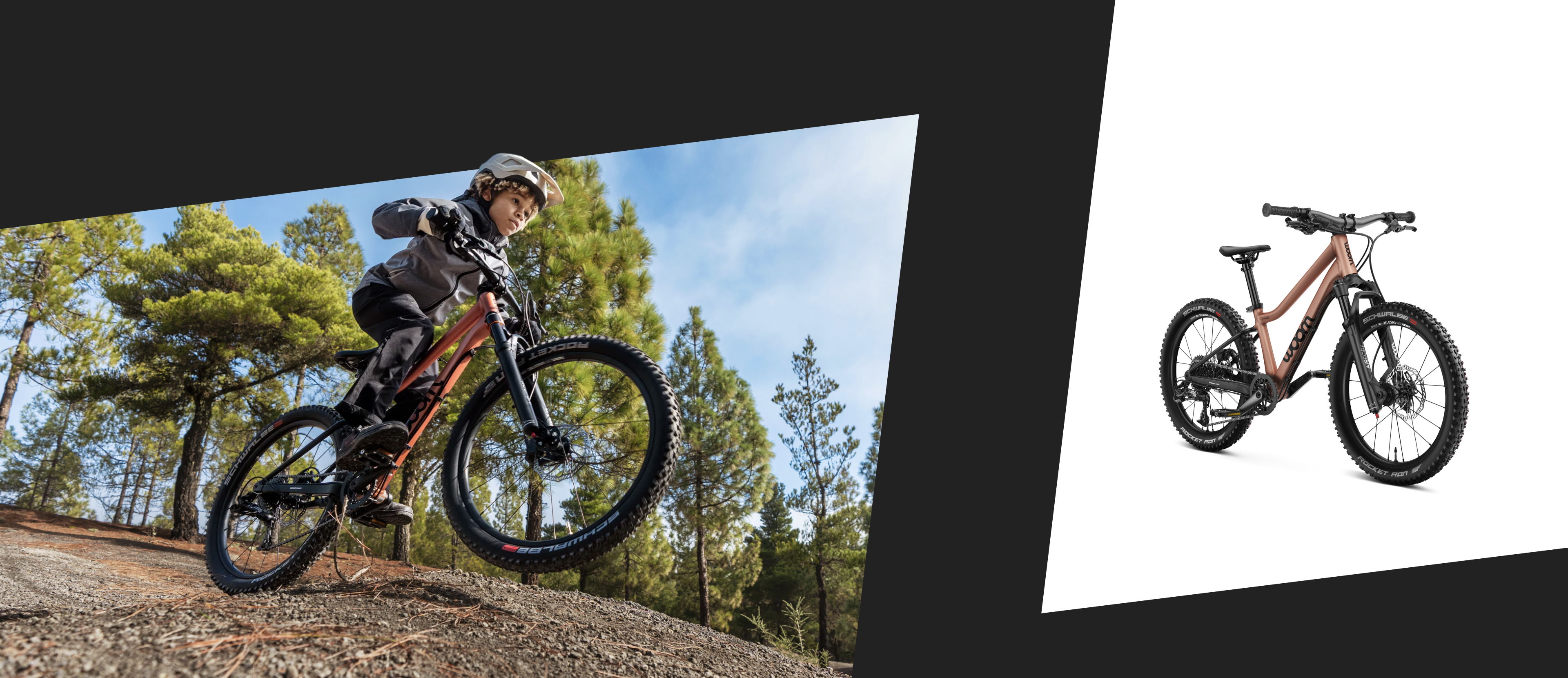 A boy riding a woom OFF mountain bike uphill on a forest path with focus.