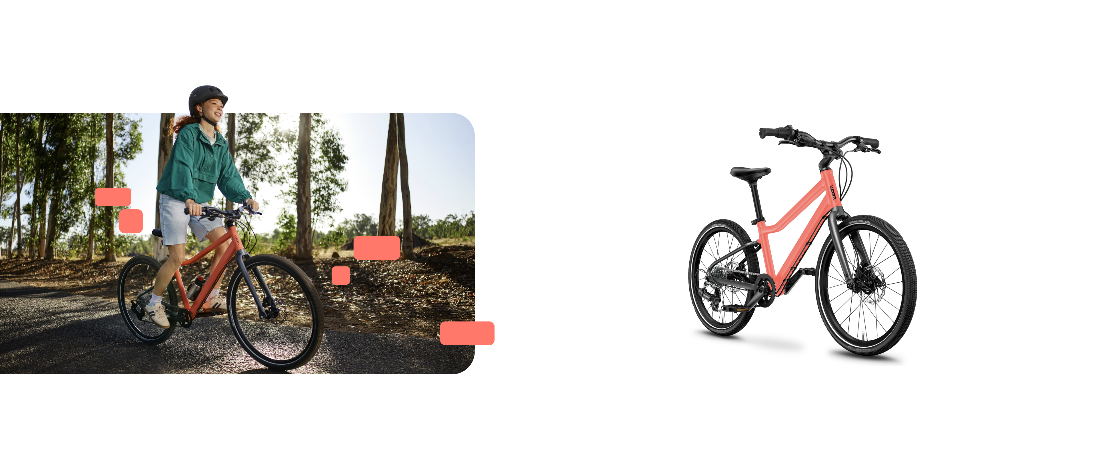 Girl wearing a woom READY helmet riding a woom EXPLORE bike on a forest path.