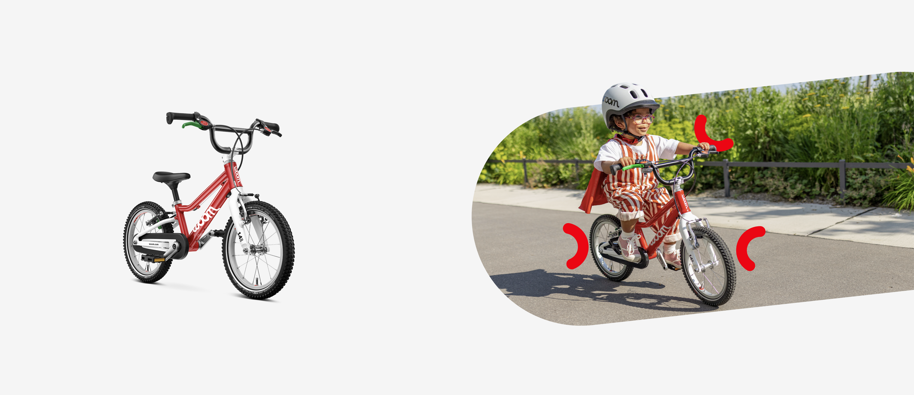 Girl wearing a grey woom READY helmet sitting on a red woom GO bike in a modern residential area.