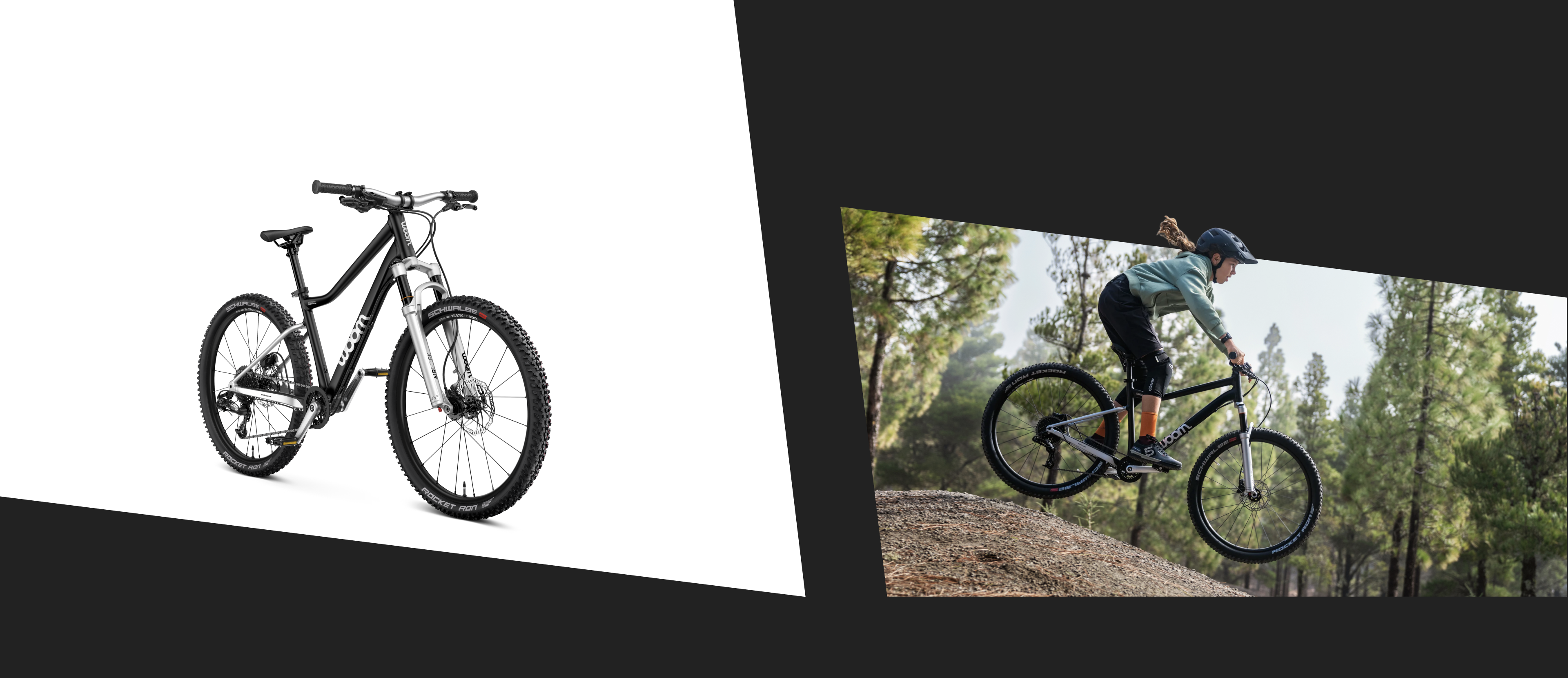 Child jumping a black woom OFF mountain bike over a hill with a forest background.