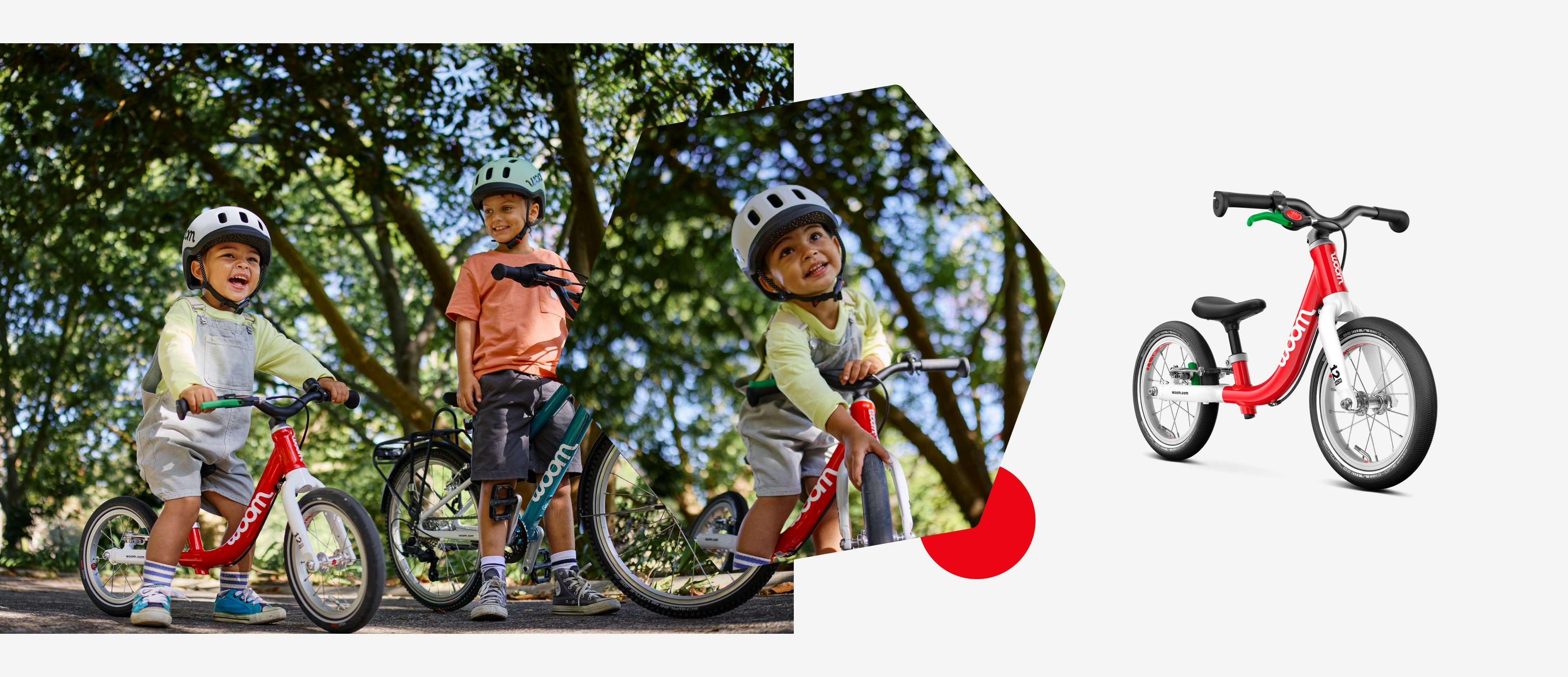 Gauche, un enfant avec un casque READY démarre sur la woom GO 1 ; milieu, un enfant attrape la roue avant ; droite, woom GO 1