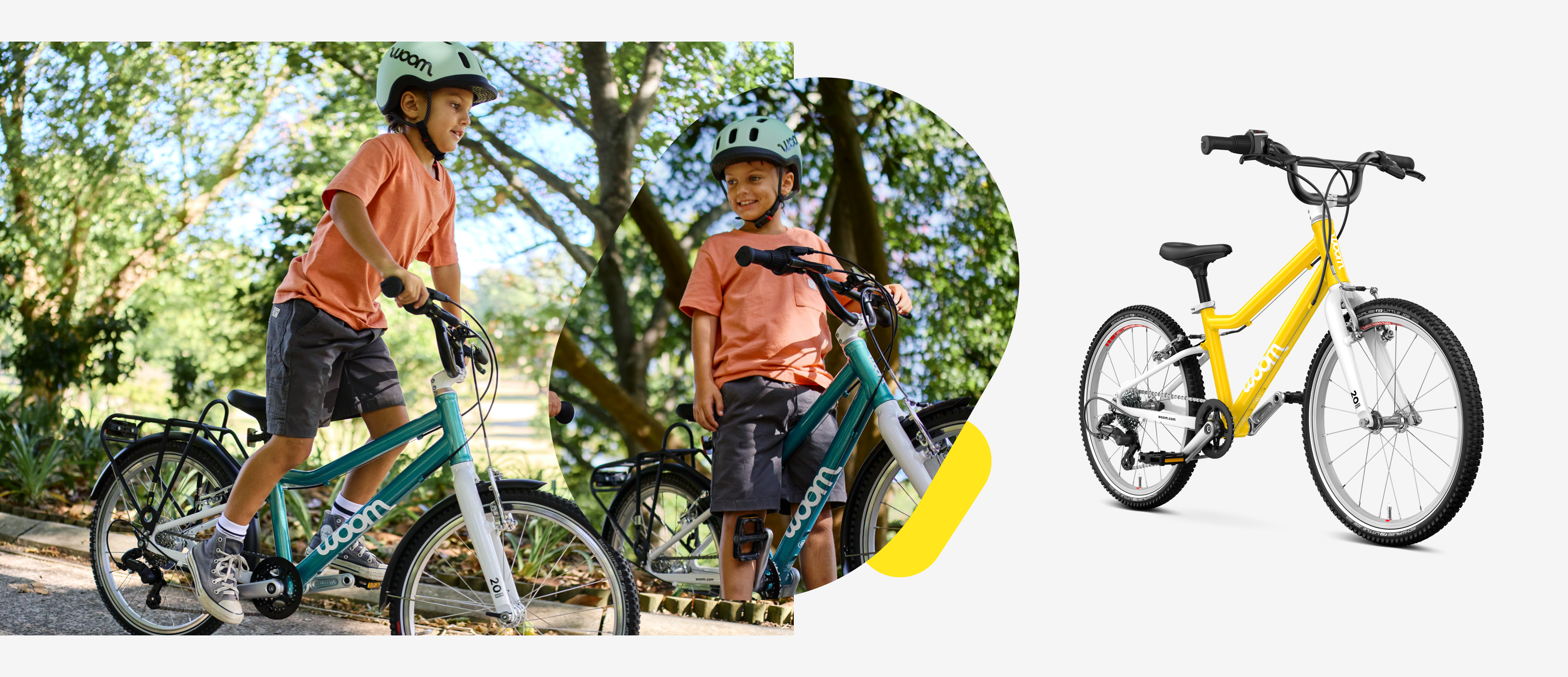 Gauche : enfant en danseuse sur le woom GO 4, milieu : enfant souriant à l’arrêt sur son vélo, droite : woom GO 4 jaune