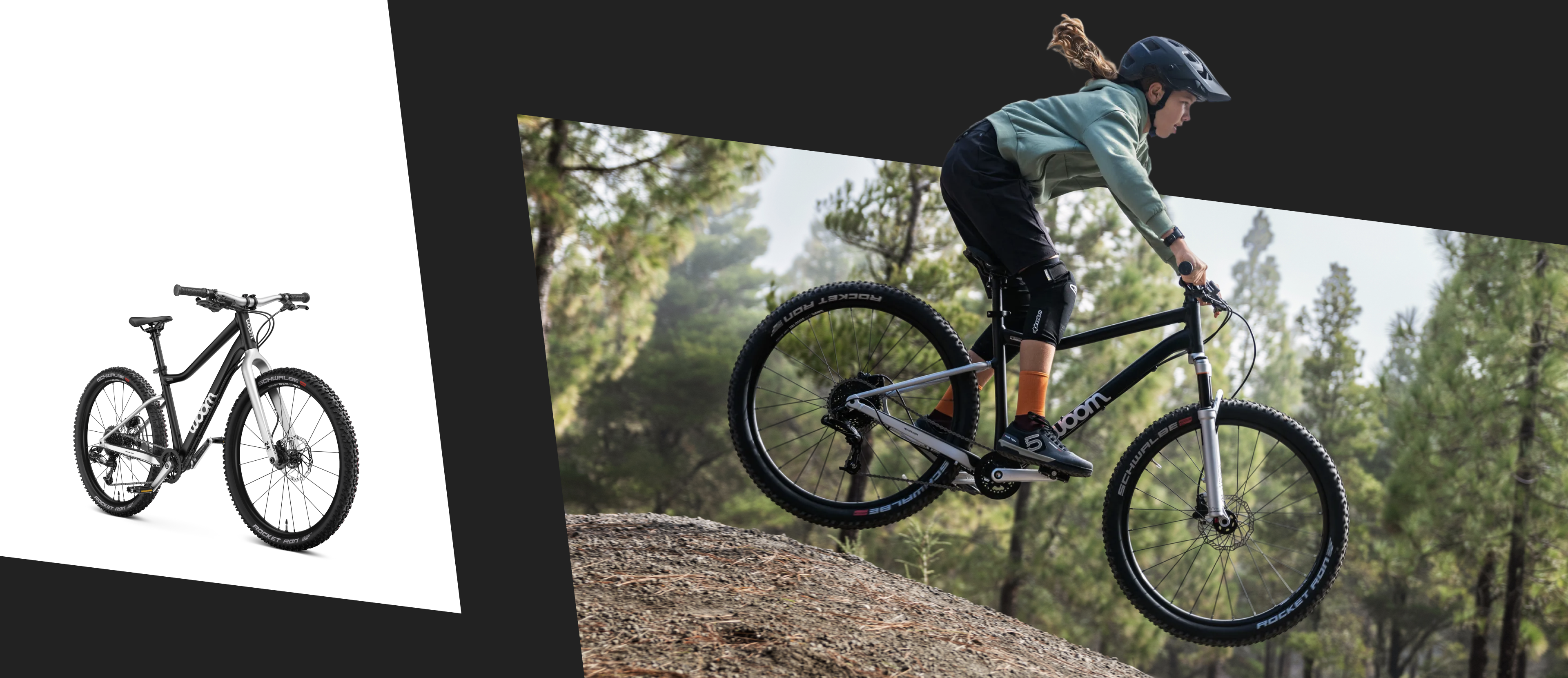 Een kind springt met een zwarte woom OFF-mountainbike over een heuvel met op de achtergrond een bos.