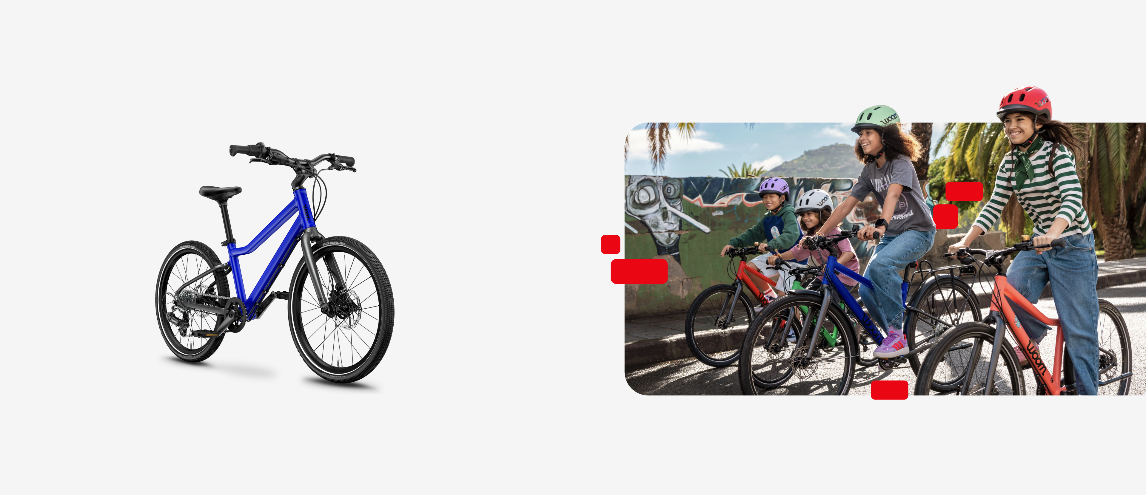 Four children wearing woom READY helmets riding colorful woom EXPLORE bikes past a graffiti wall.