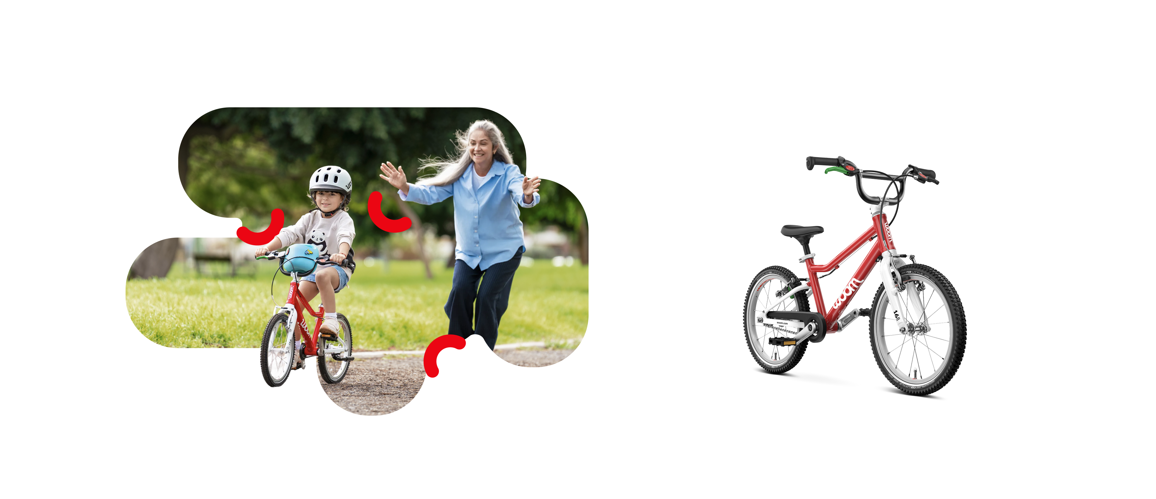Child wearing a grey woom READY helmet riding a red woom GO bike on a sunny park path with his mother running behind him.