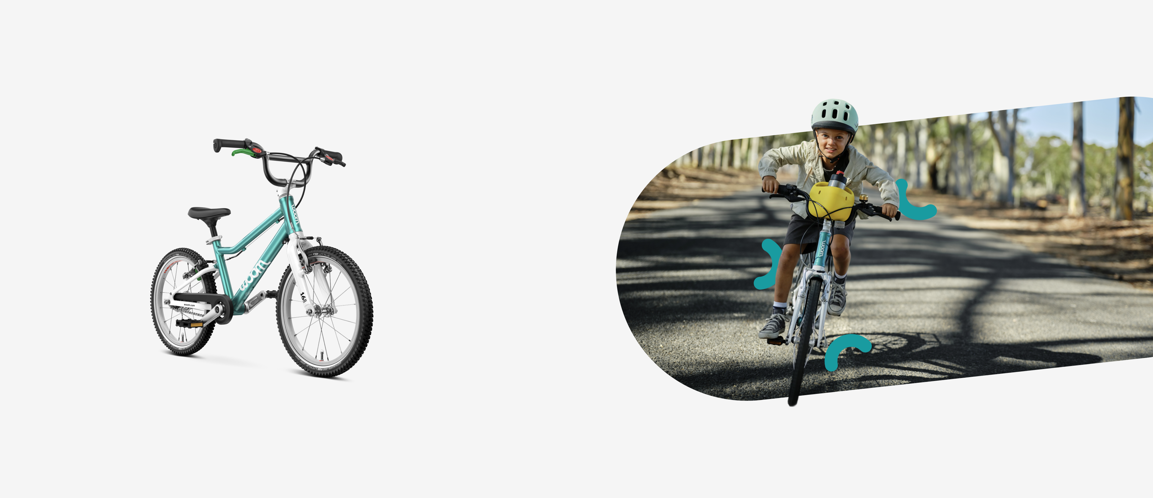 Boy wearing a mint green woom READY helmet riding a woom GO bike with a yellow POP bike basket.