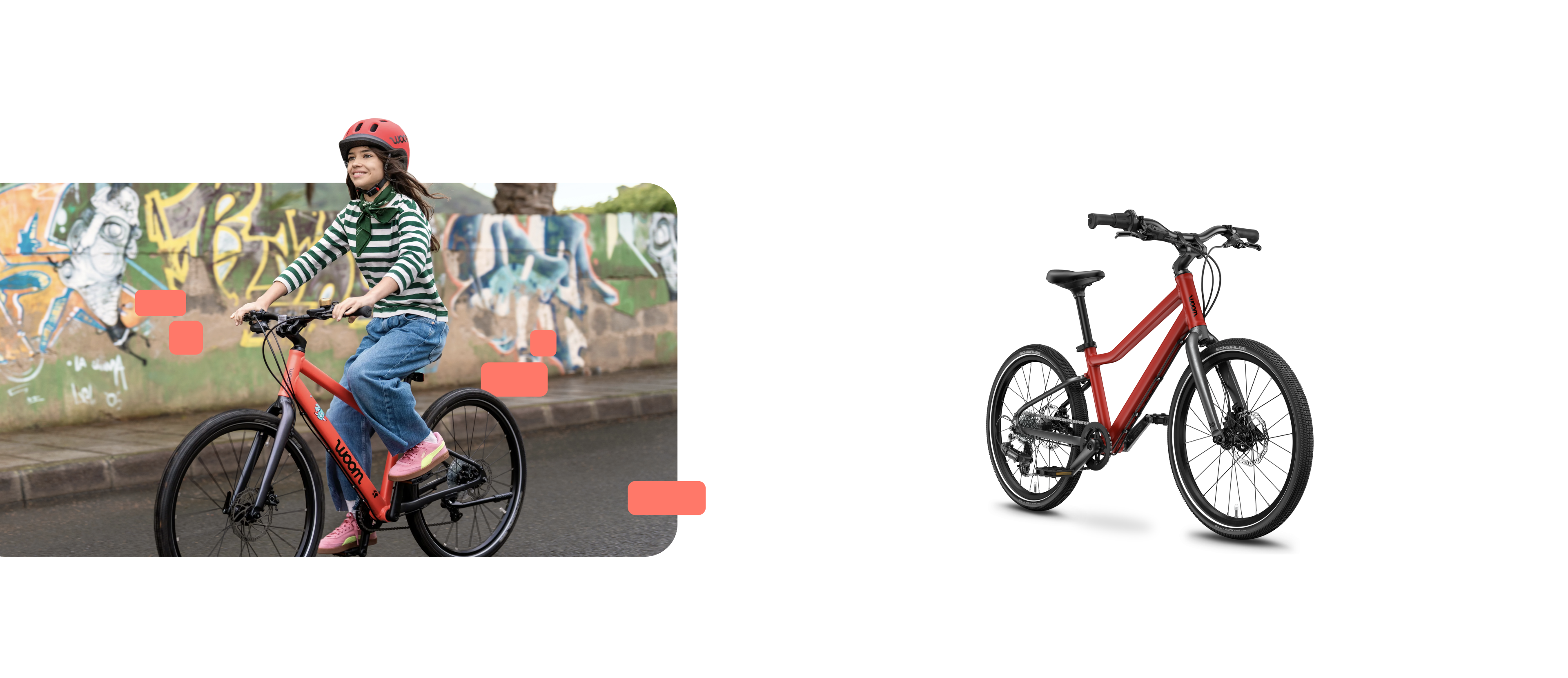 Girl wearing a red woom READY helmet riding a woom EXPLORE bike in front of a graffiti wall.