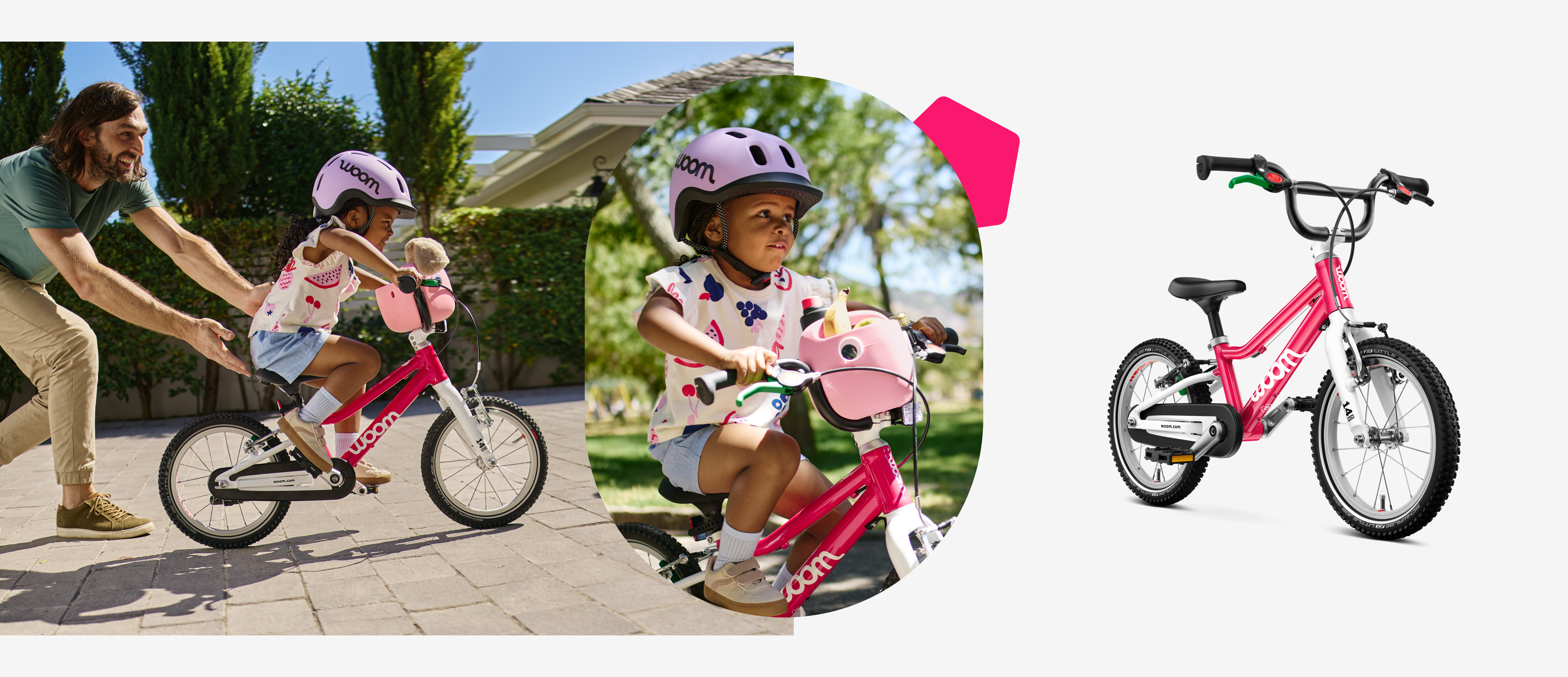 Gauche : un enfant avec casque READY sur un woom GO 2, milieu : enfant sur un woom GO 2 avec panier, droite : woom GO 2 rose
