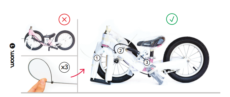 Diagramm, das die korrekte Montage eines Kinderfahrrads veranschaulicht.