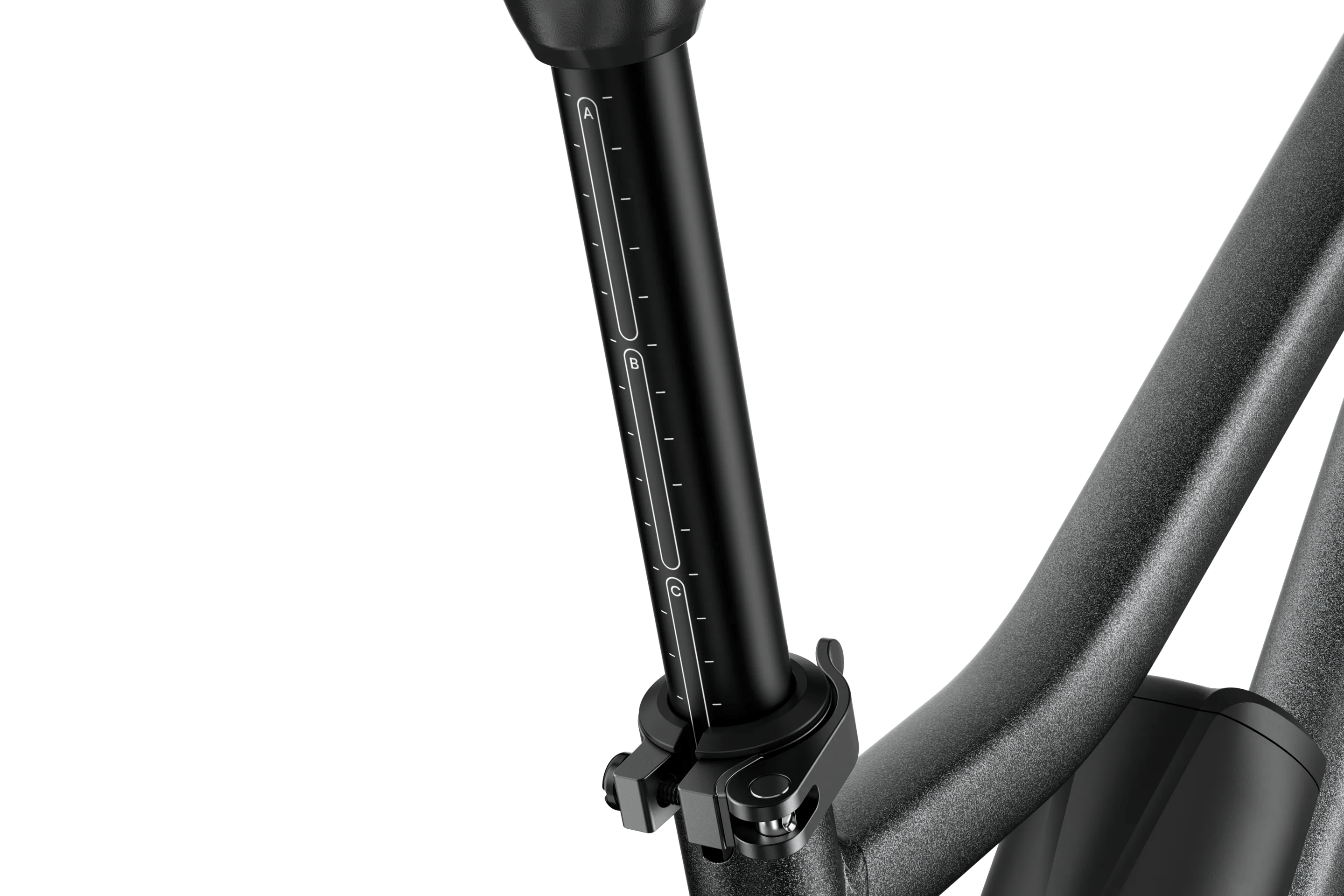 Gros plan sur la tige de selle noire du woom EXPLORE e 5 avec trois zones de réglage : A, B et C.