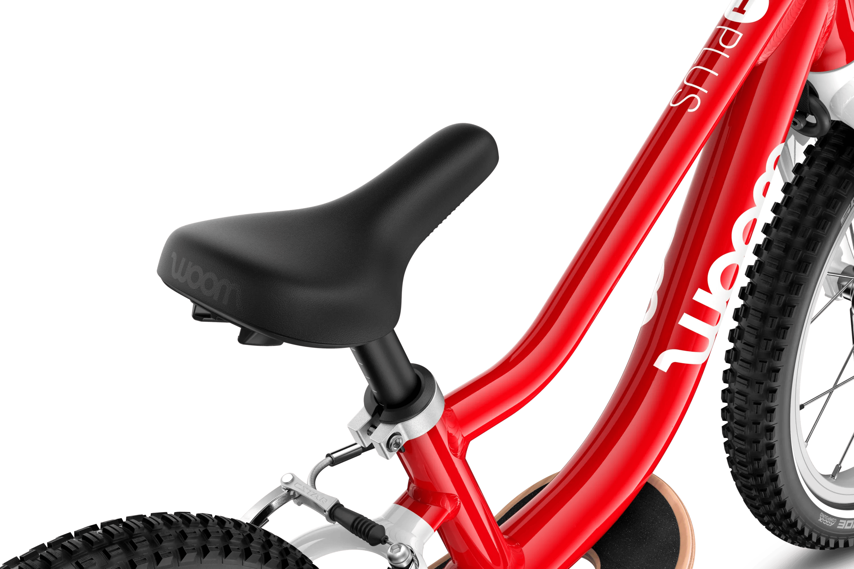 Detailaanzicht van het gebogen zadel van de woom GO 1 PLUS-loopfiets