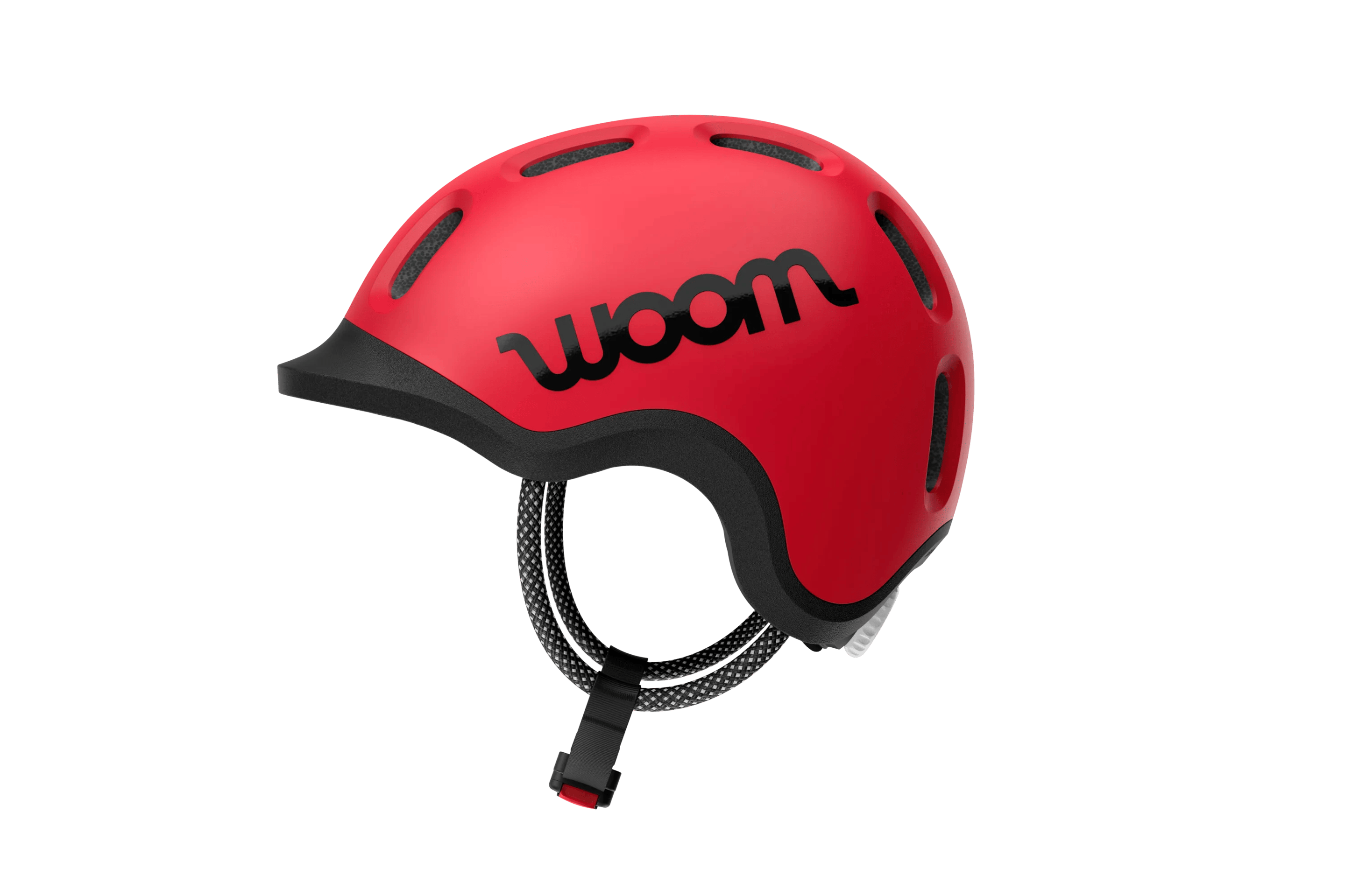 Seitenansicht des roten READY Kinderfahrradhelms mit tief gezogener Helmschale, schwarzem Logo und Schutzschirm