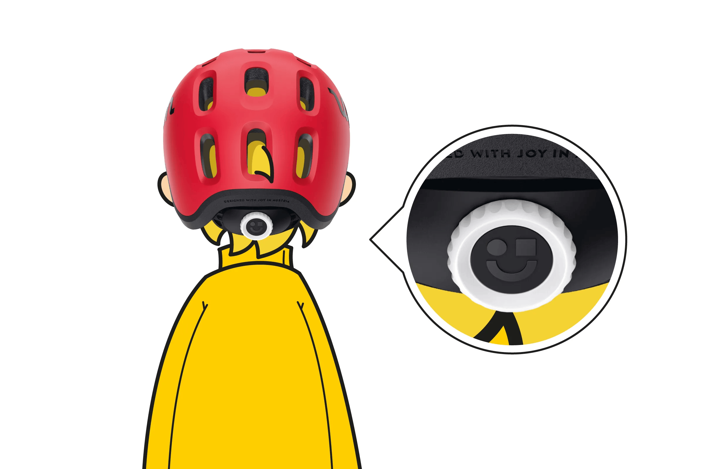 Rückansicht eines gezeichneten Kindes mit READY Radhelm von woom auf dem Kopf, daneben ein Zoom auf das Größendrehrad 