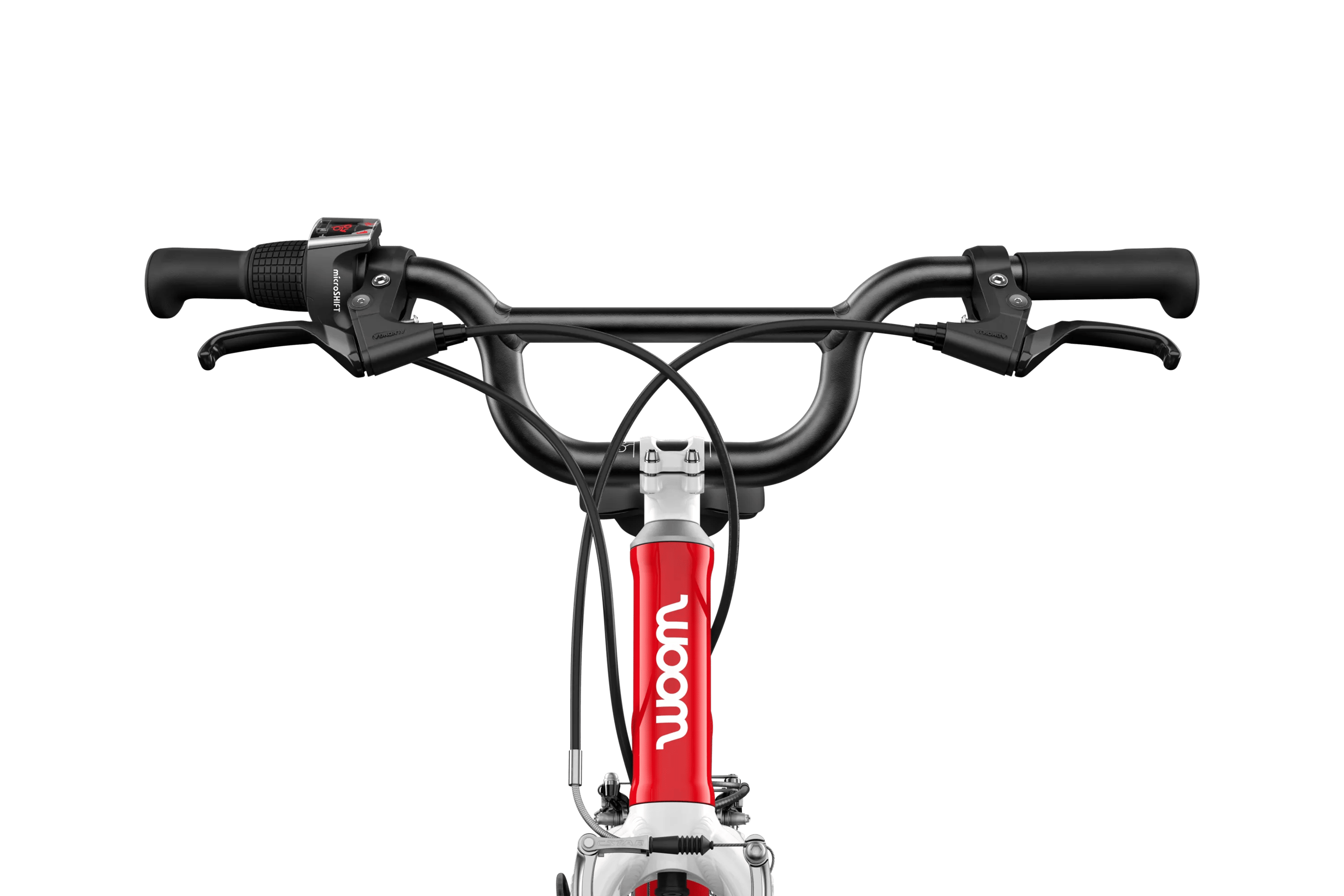 Zoom sur la potence, le guidon et les poignées du vélo enfant woom GO 4