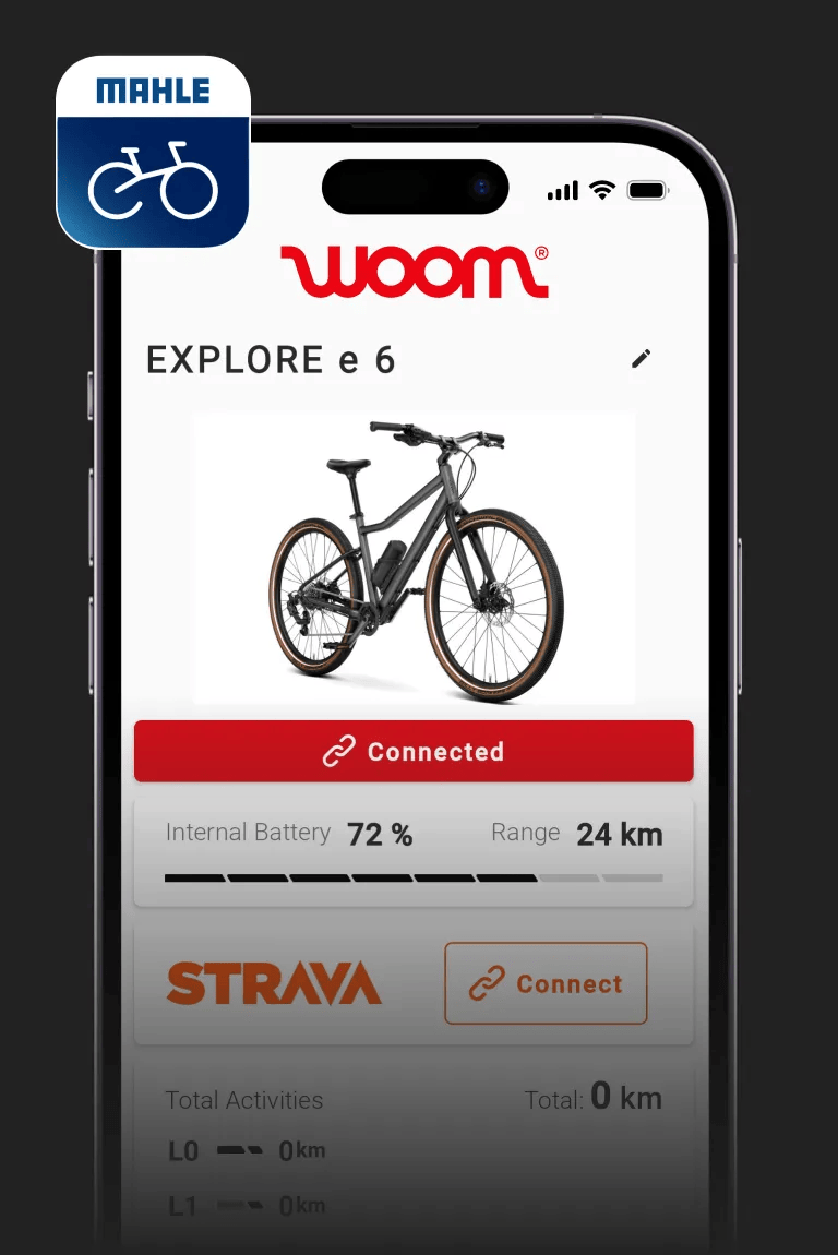 Un téléphone affiche l’appli MAHLE SmartBike pour le vélo électrique woom EXPLORE e.