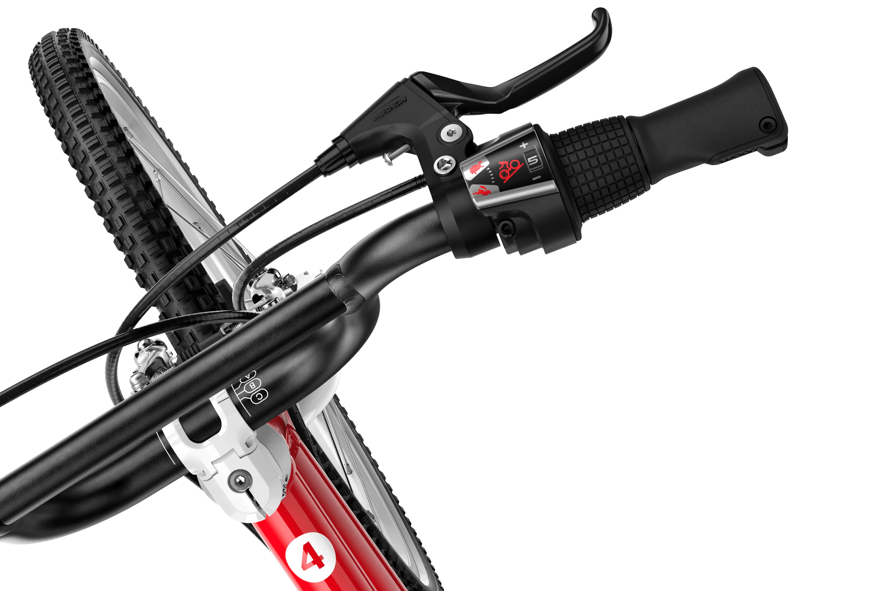 Zoom sur la manette rotative de changement de vitesse sur le vélo enfant woom GO 4