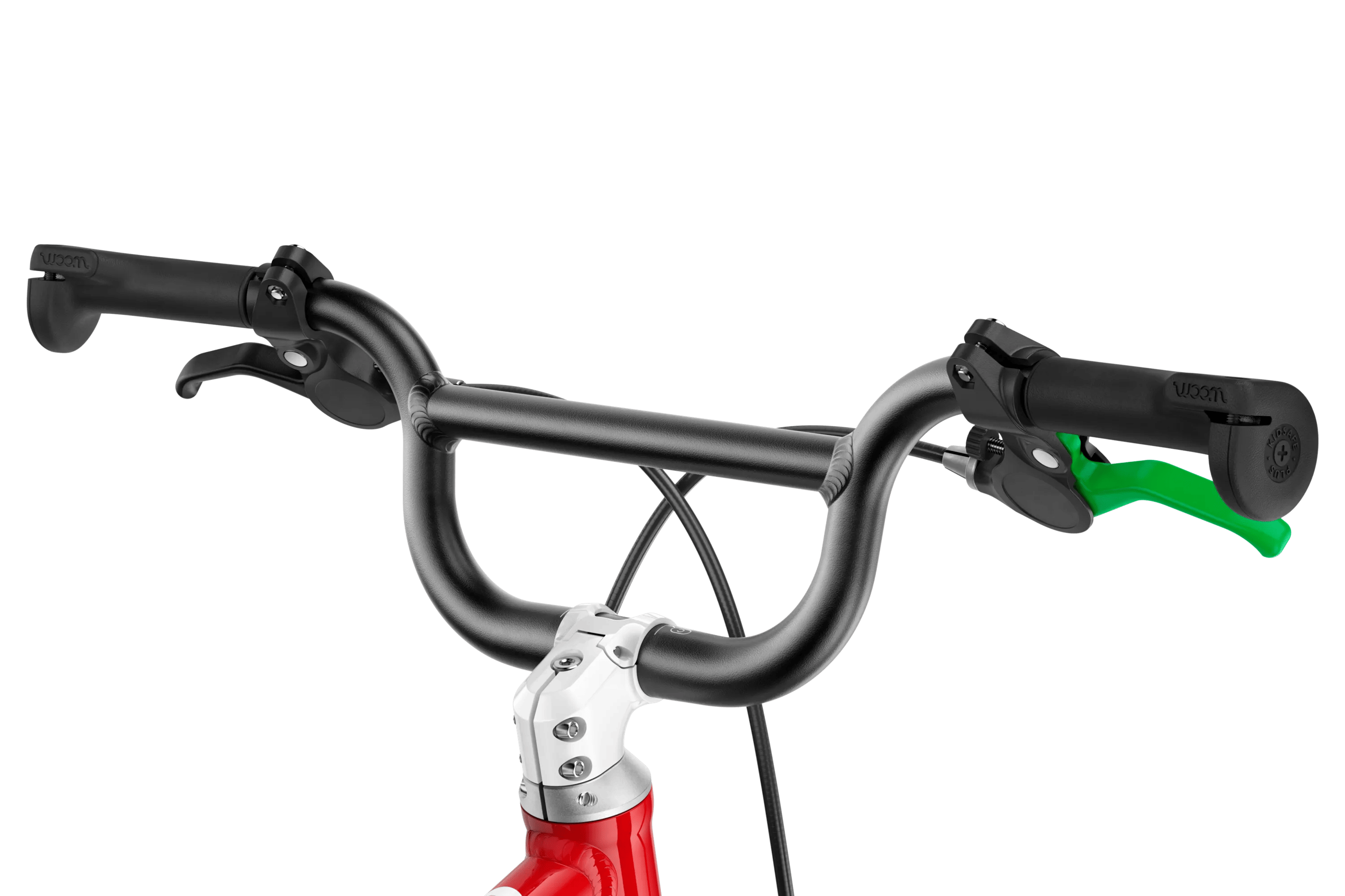Detailaanzicht van de voorbouw, het BMX-stuur en de handgrepen van de woom GO 1 PLUS-loopfiets
