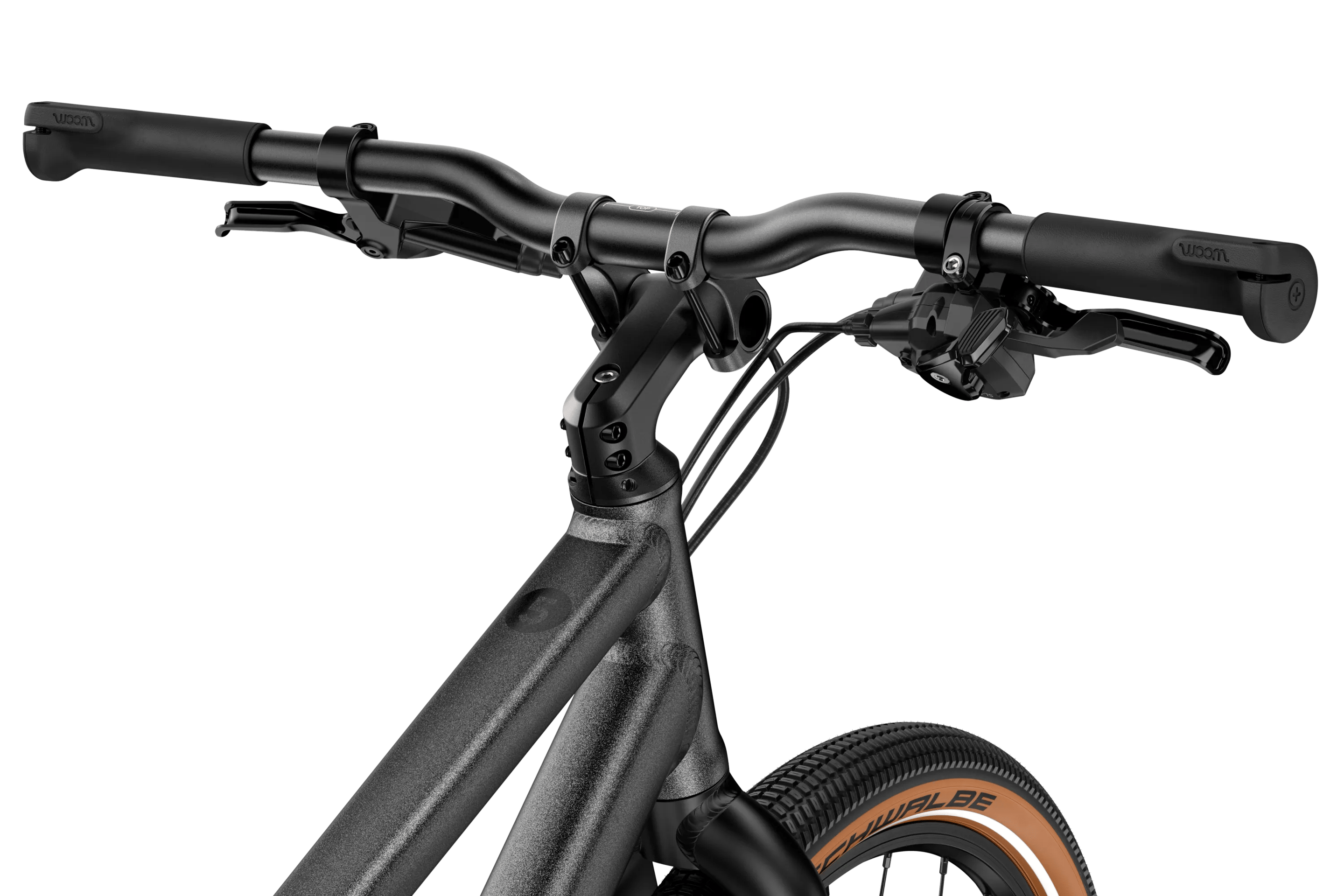 Gros plan sur le guidon noir du woom EXPLORE e 5.