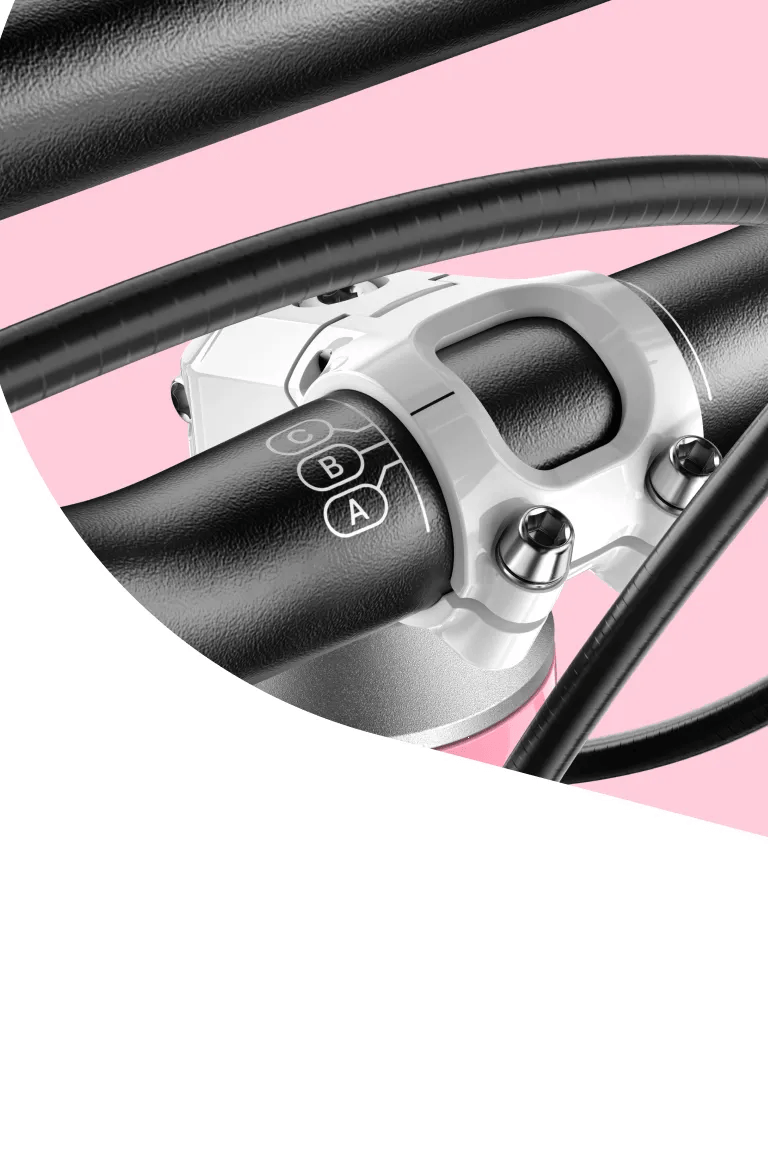 Close-up of the woom GO handlebars with a clamp and ABC markings that help achieve the optimal bike setup for the rider