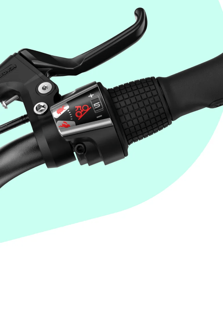 Close-up of the twist shifter on a woom GO 4, showing a hare for faster gears and a tortoise for slower gears